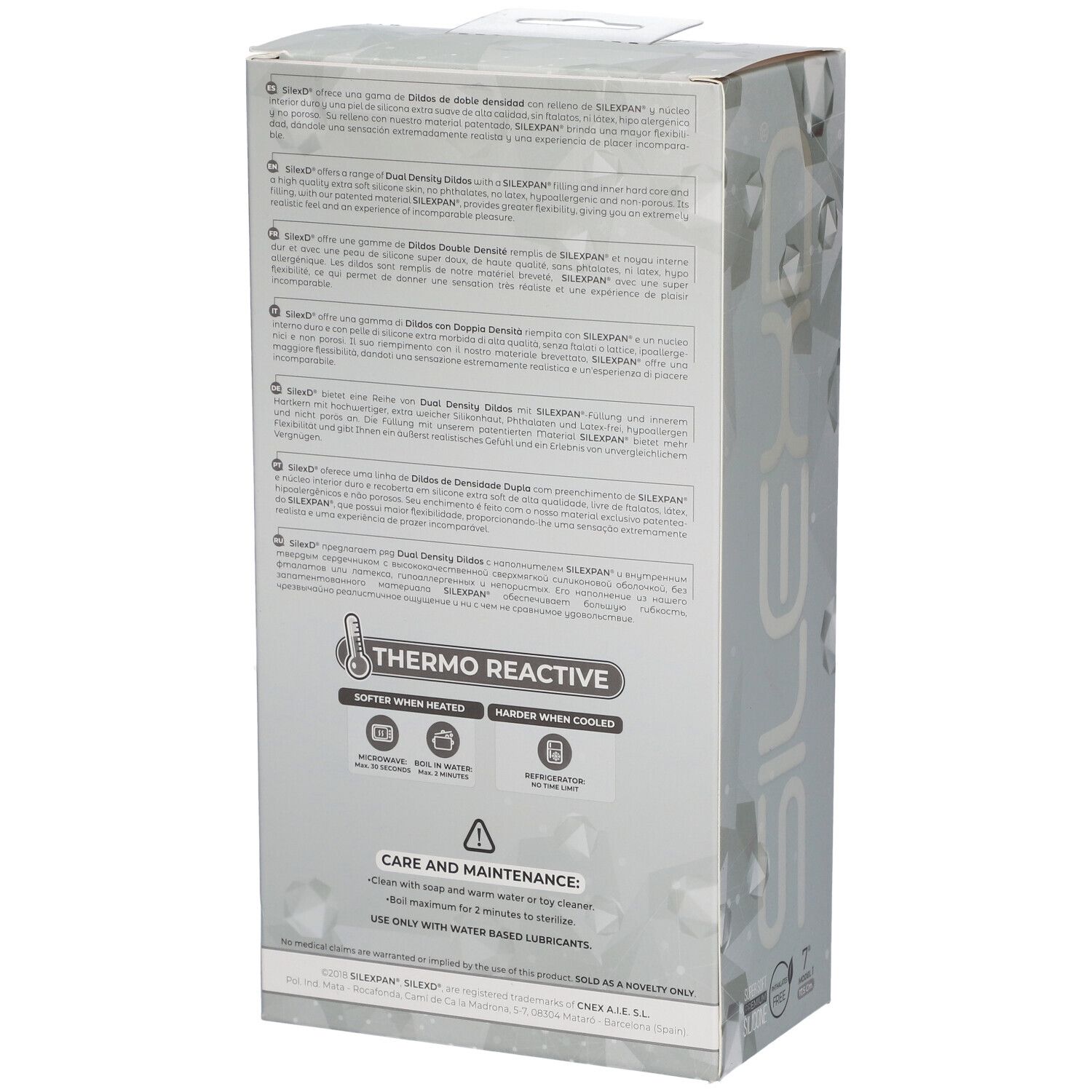 Dos de l'emballage SILEXD Premium Silikon Dildo. Informations, Thermo Reactive, instructions d'entretien.