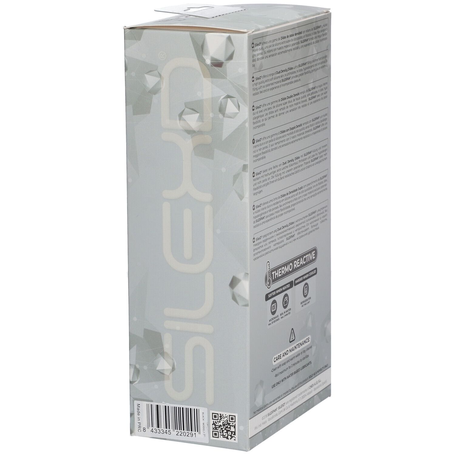 Vue latérale de l'emballage SILEXD Premium Silikon Dildo. Thermo Reactive, code-barres, QR code.