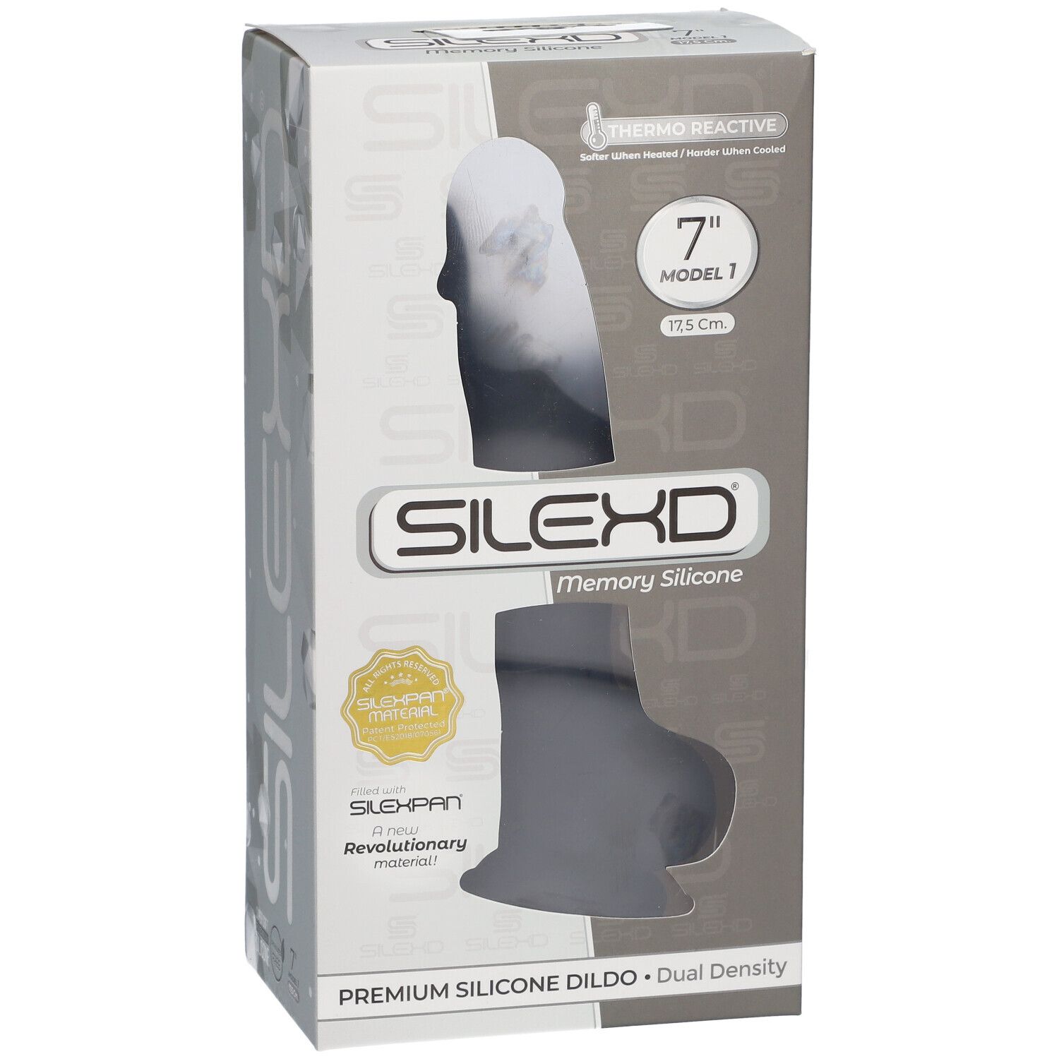 Emballage SILEXD Premium Silikon Dildo. Noir, 17,5 cm. Modèle 1. Thermo Reactive. Vue de face.