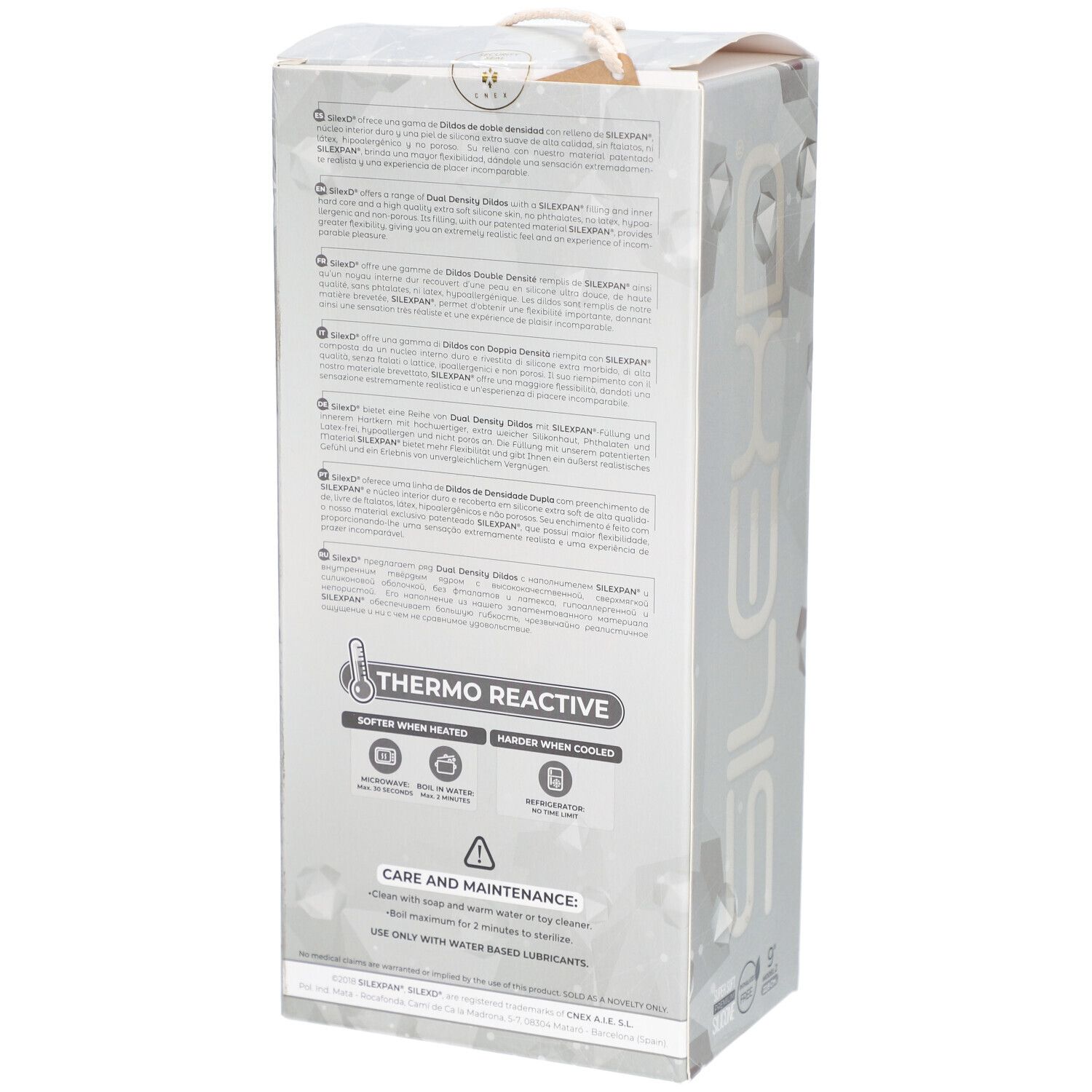 Dos de l'emballage. Texte multilingue. Informations Thermo Reactive. Instructions d'entretien.