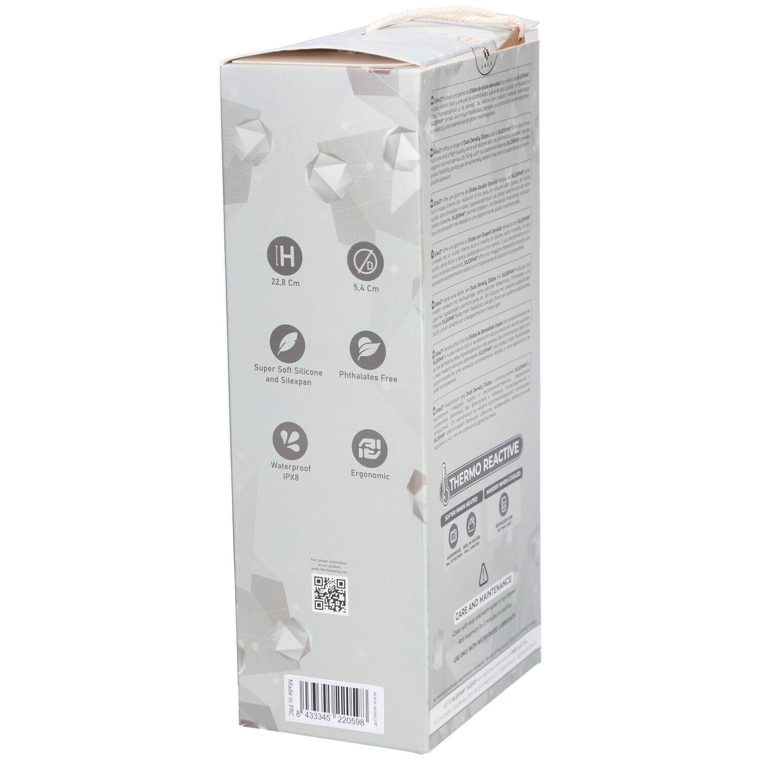 Côté de l'emballage. Informations sur : 10,8 cm, 5,6 cm, Super Soft, étanche, ergonomique. Code QR.