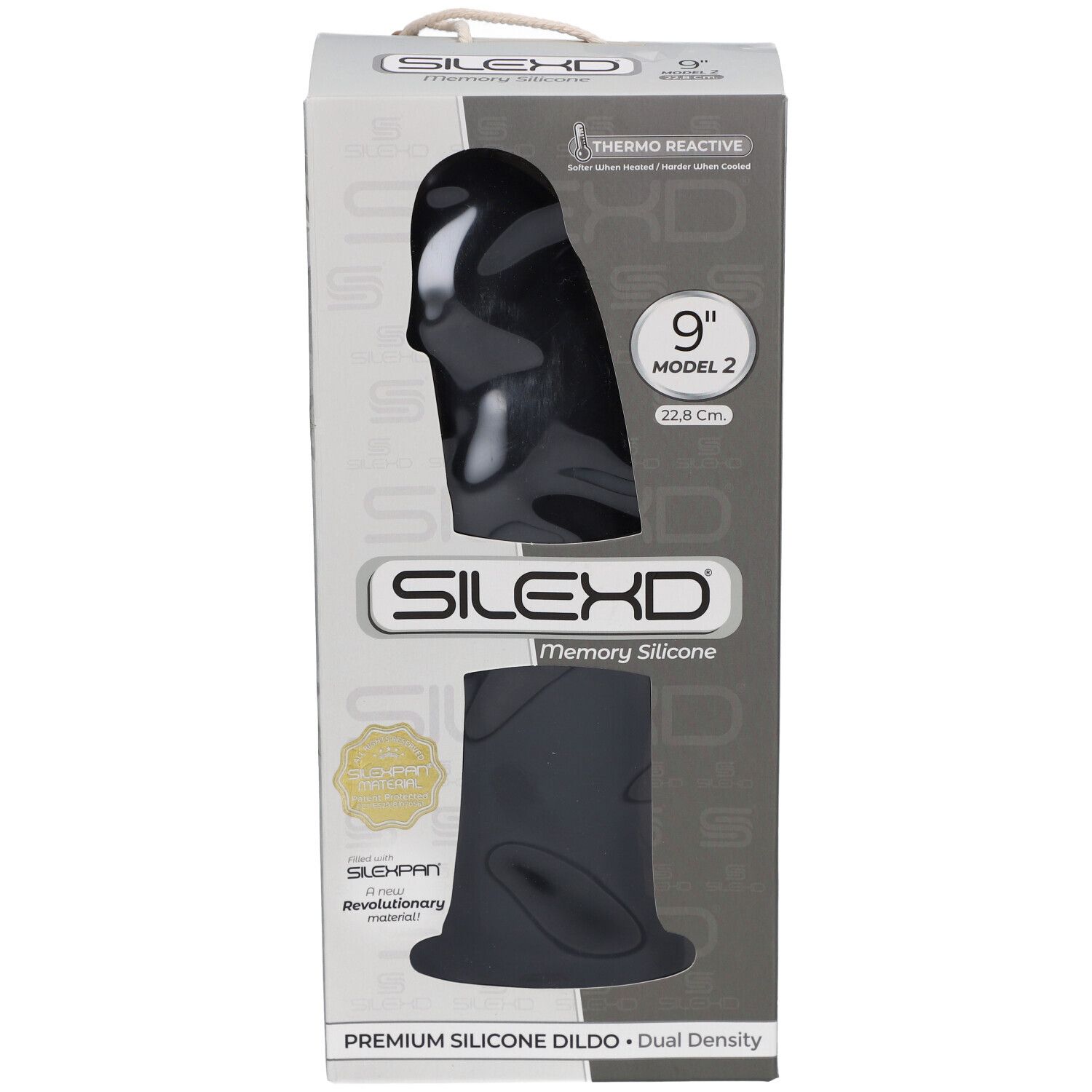 Emballage d'un dildo en silicone noir. Fenêtre montrant le produit. Marque SILEXD. Inscription : 9", Modèle 2.