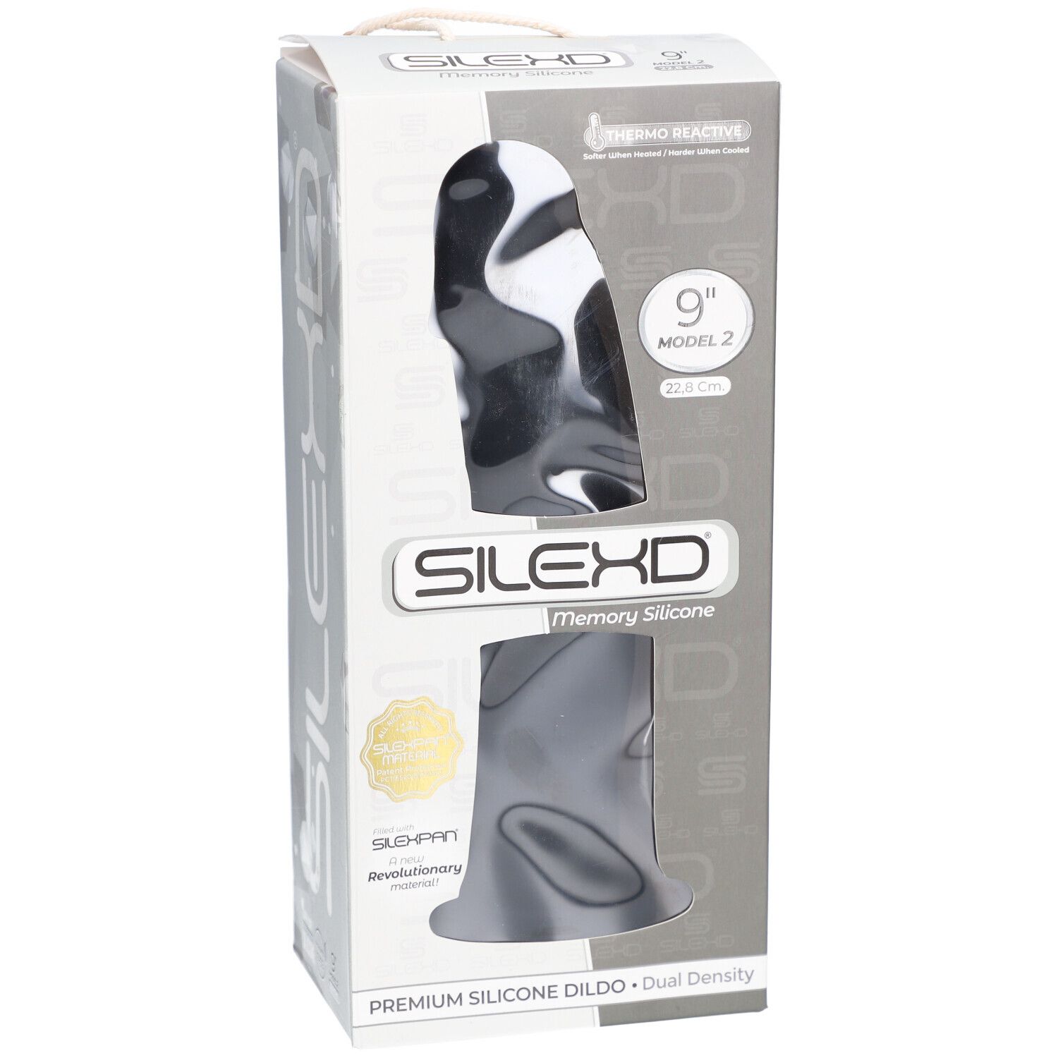 Emballage d'un dildo en silicone noir. Fenêtre montrant le produit. Marque SILEXD. Inscription : 9", Modèle 2.