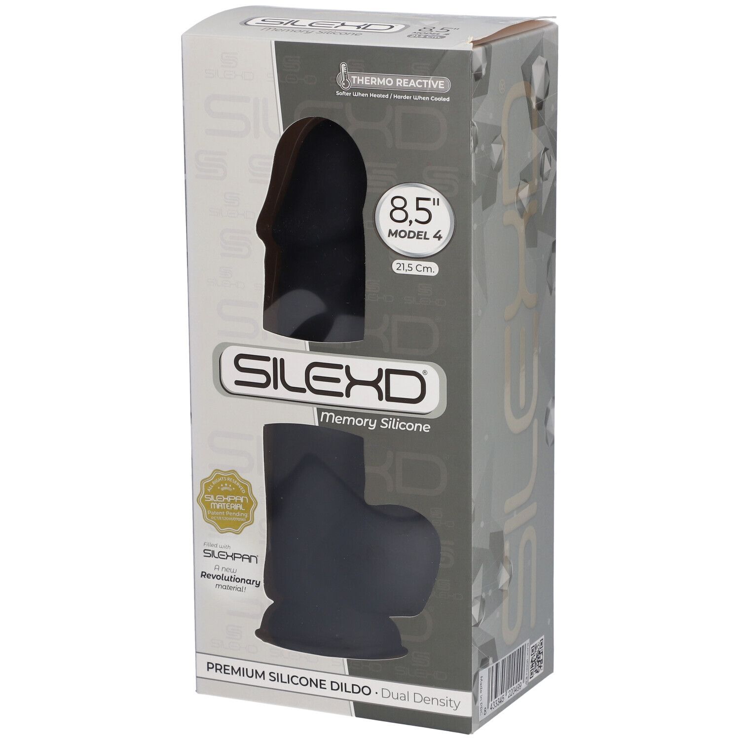 Emballage d'un dildo en silicone noir. Visible : 8,5 pouces, modèle 4, 21,5 cm. Marque SILEXD, Memory Silicone, SLUSH-PAN.
