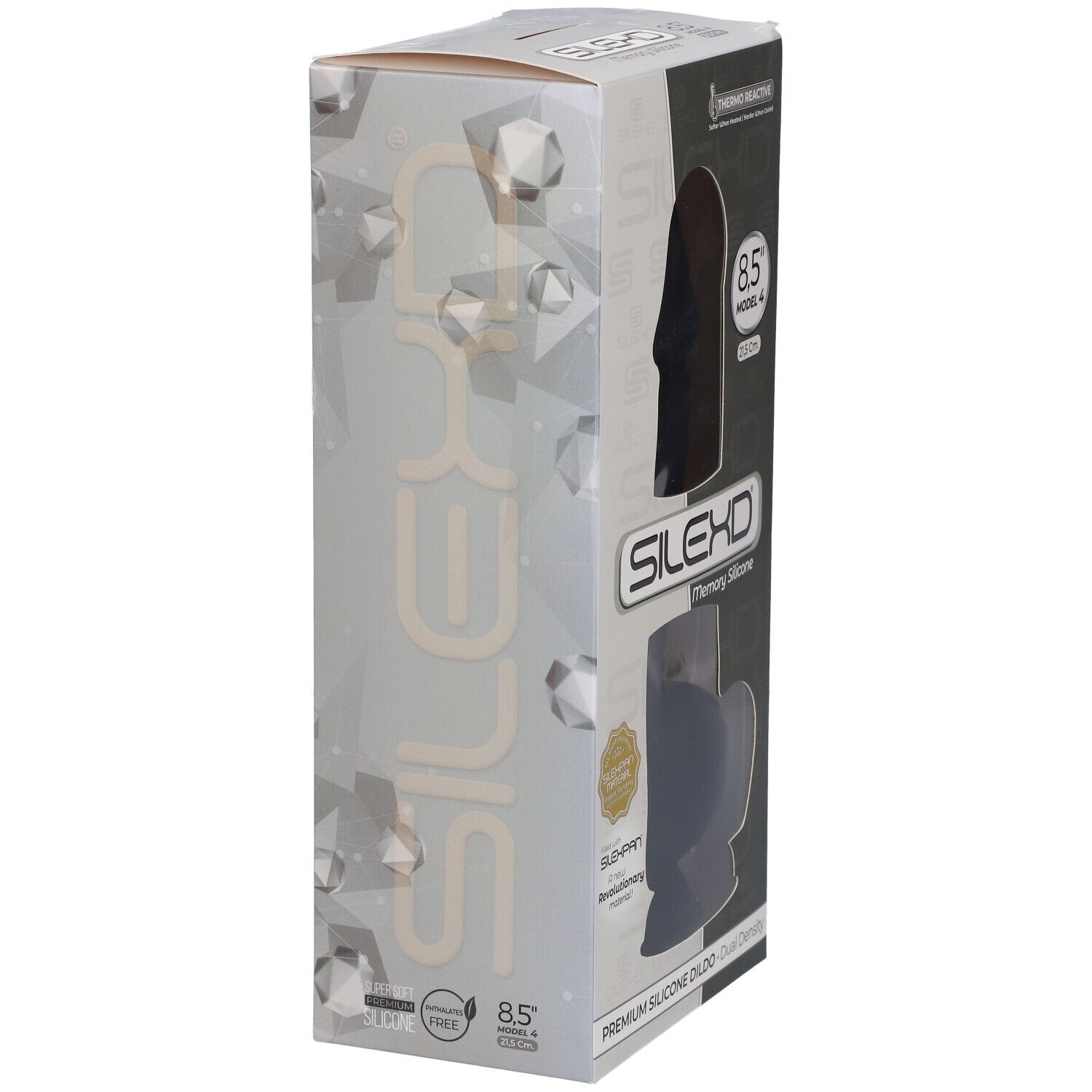 Emballage du dildo en silicone SILEXD. Vue latérale avec image du produit. Contient des informations sur la taille et la marque.