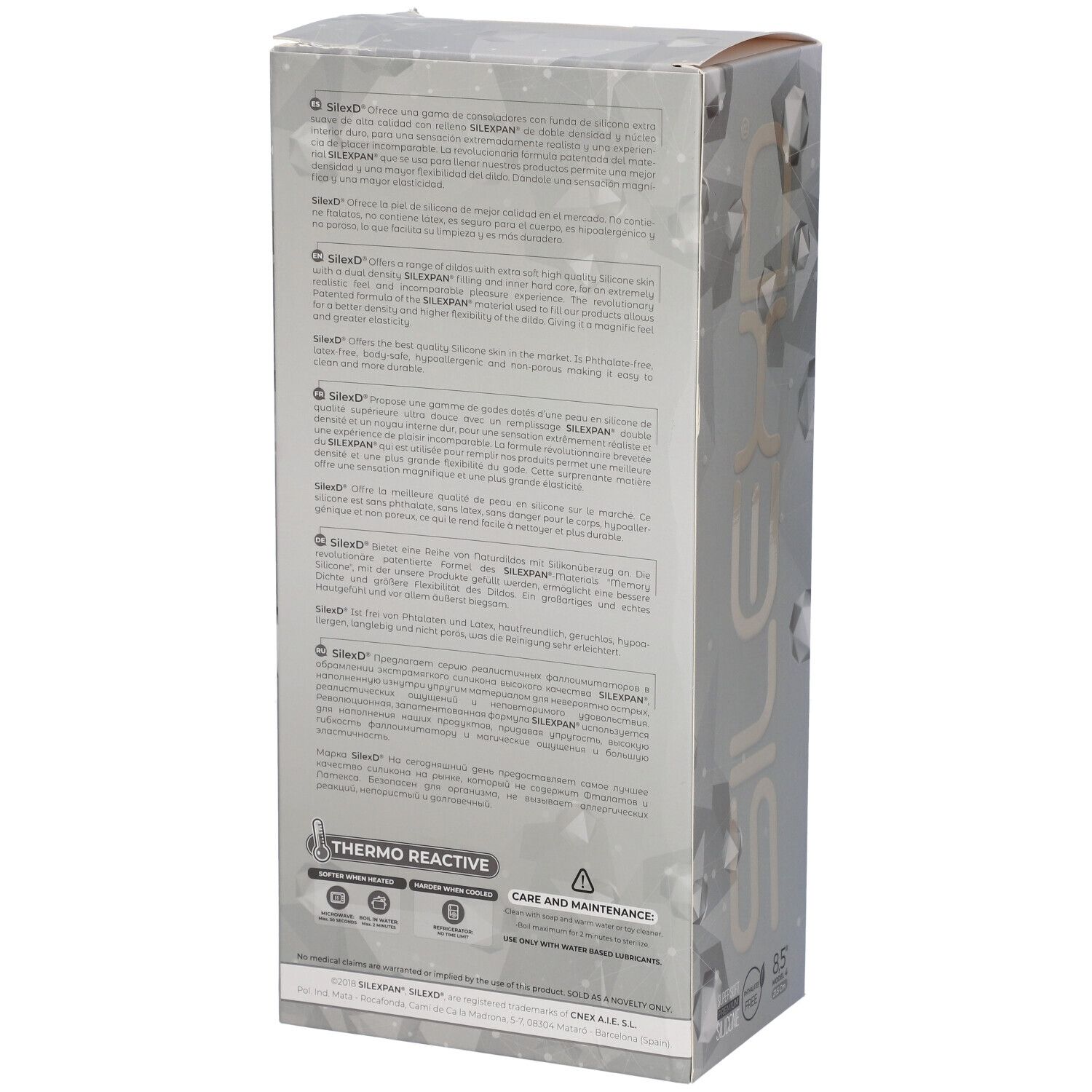Dos de l'emballage SILEXD. Texte multilingue, informations d'entretien et labels de qualité.