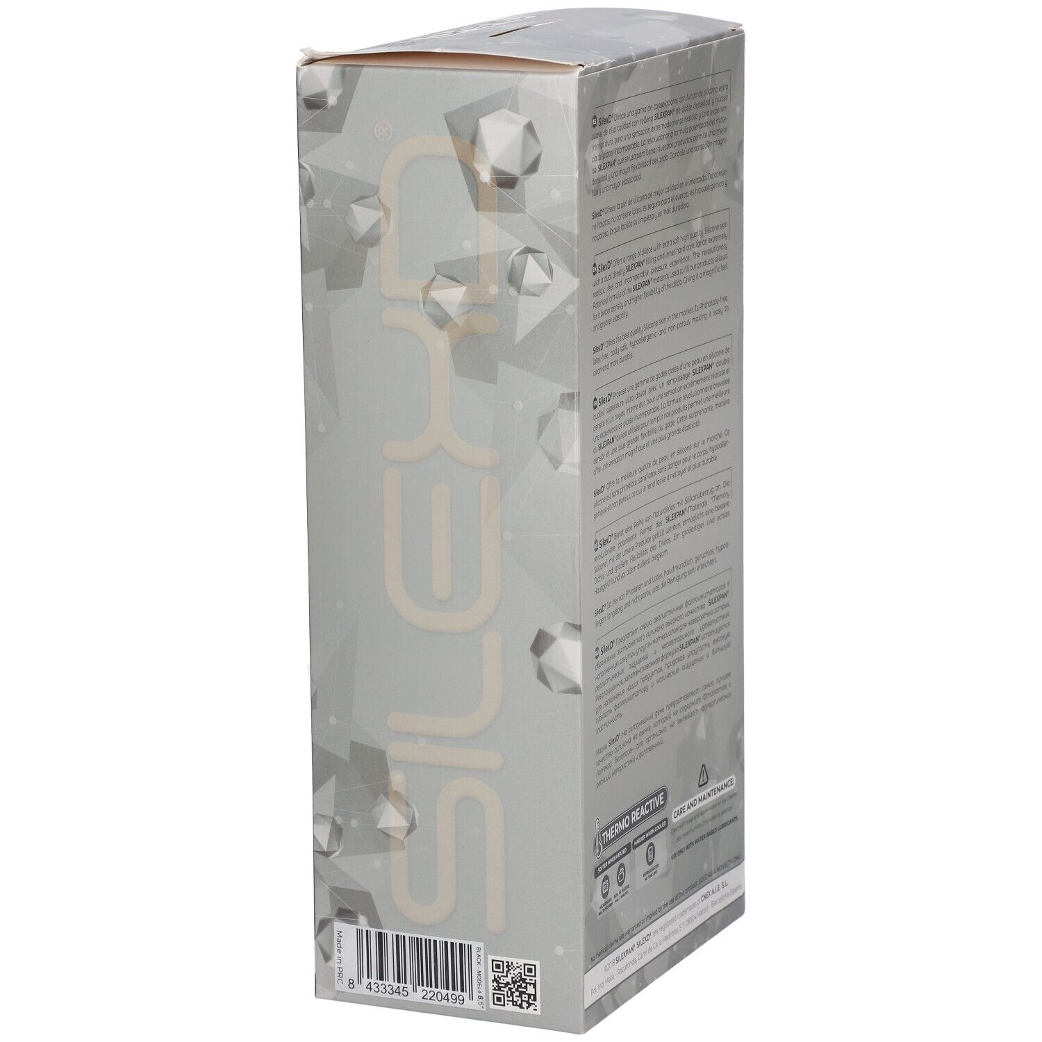 Côté de l'emballage SILEXD. Texte et code-barres. Informations sur la marque et le produit.