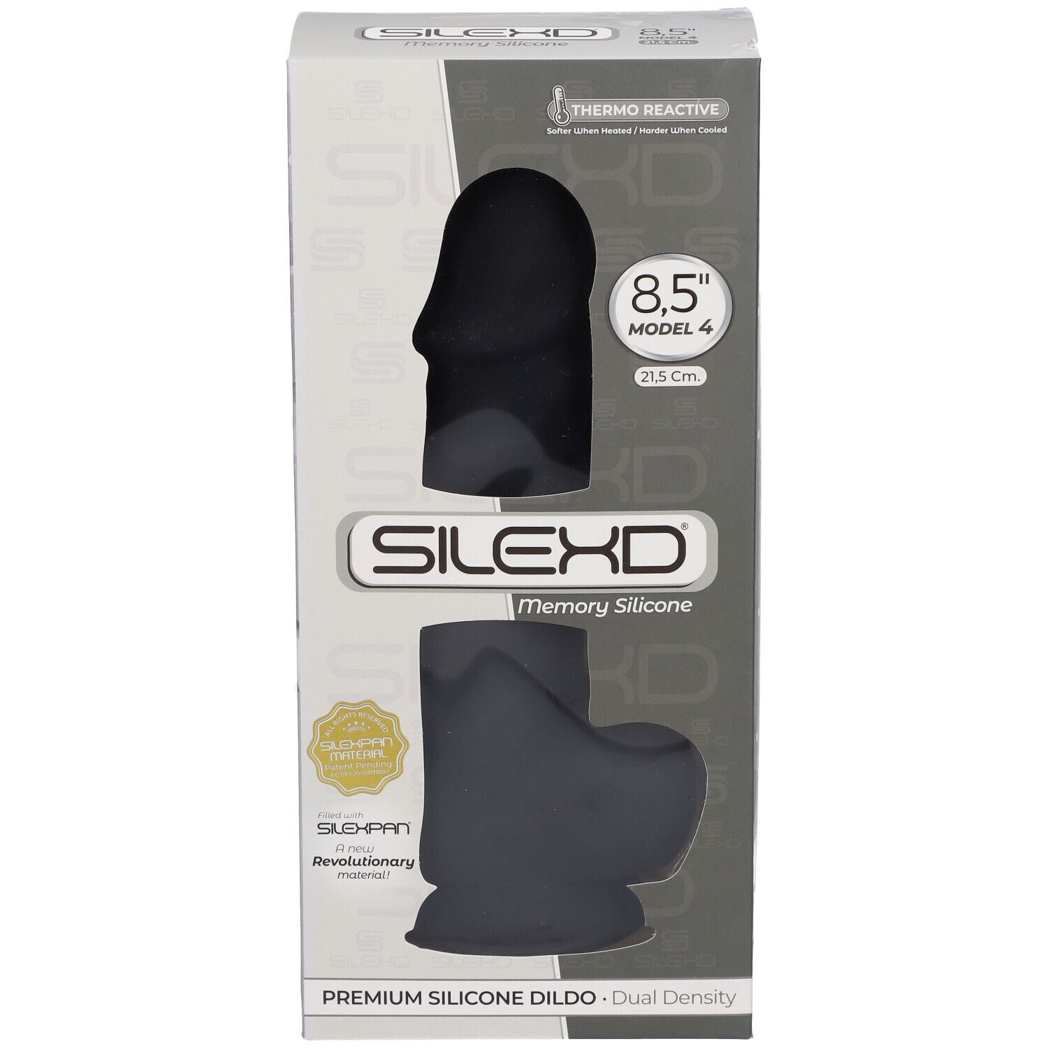 Emballage d'un dildo en silicone noir. Visible : 8,5 pouces, modèle 4, 21,5 cm. Marque SILEXD, Memory Silicone, SLUSH-PAN.
