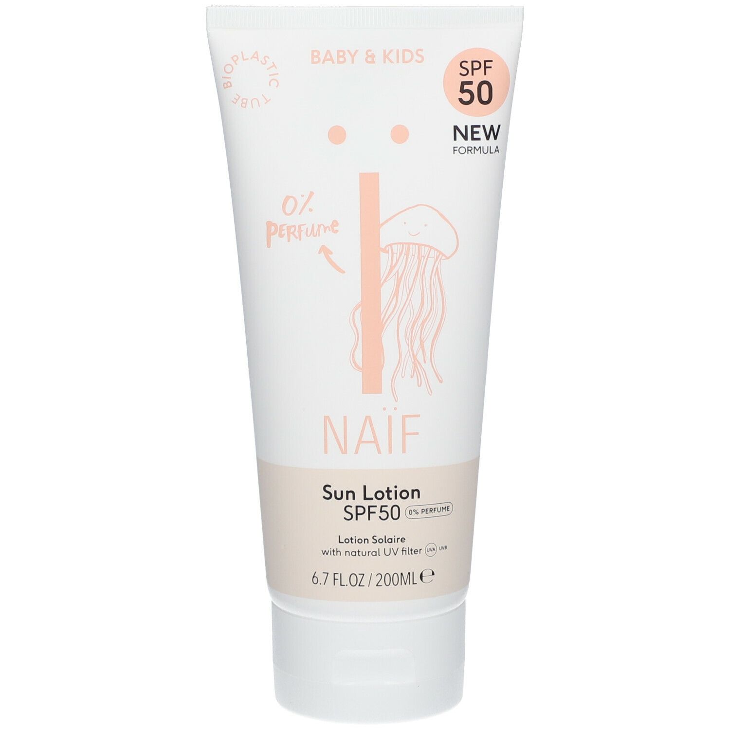 Tube blanc NAÏF, lotion solaire SPF 50, 0% parfum, pour bébés et enfants. 6.7 FL.OZ/200ml. Tube en bioplastique.