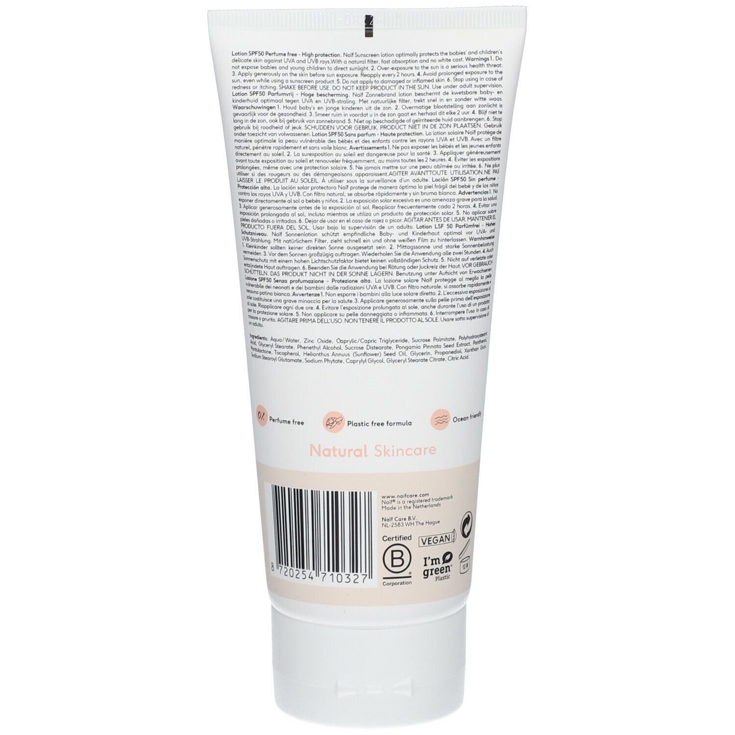 Dos du tube blanc. Texte multilingue. Ingrédients, certifications, vegan, I'm green.