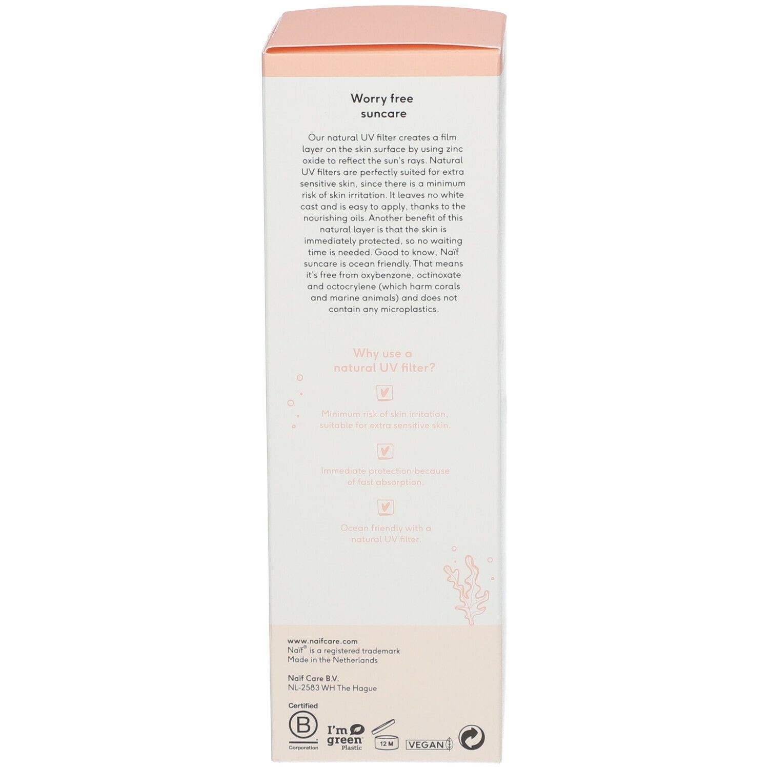 Dos de l'emballage carton. Texte sur filtre UV, ingrédients, certifications, vegan.