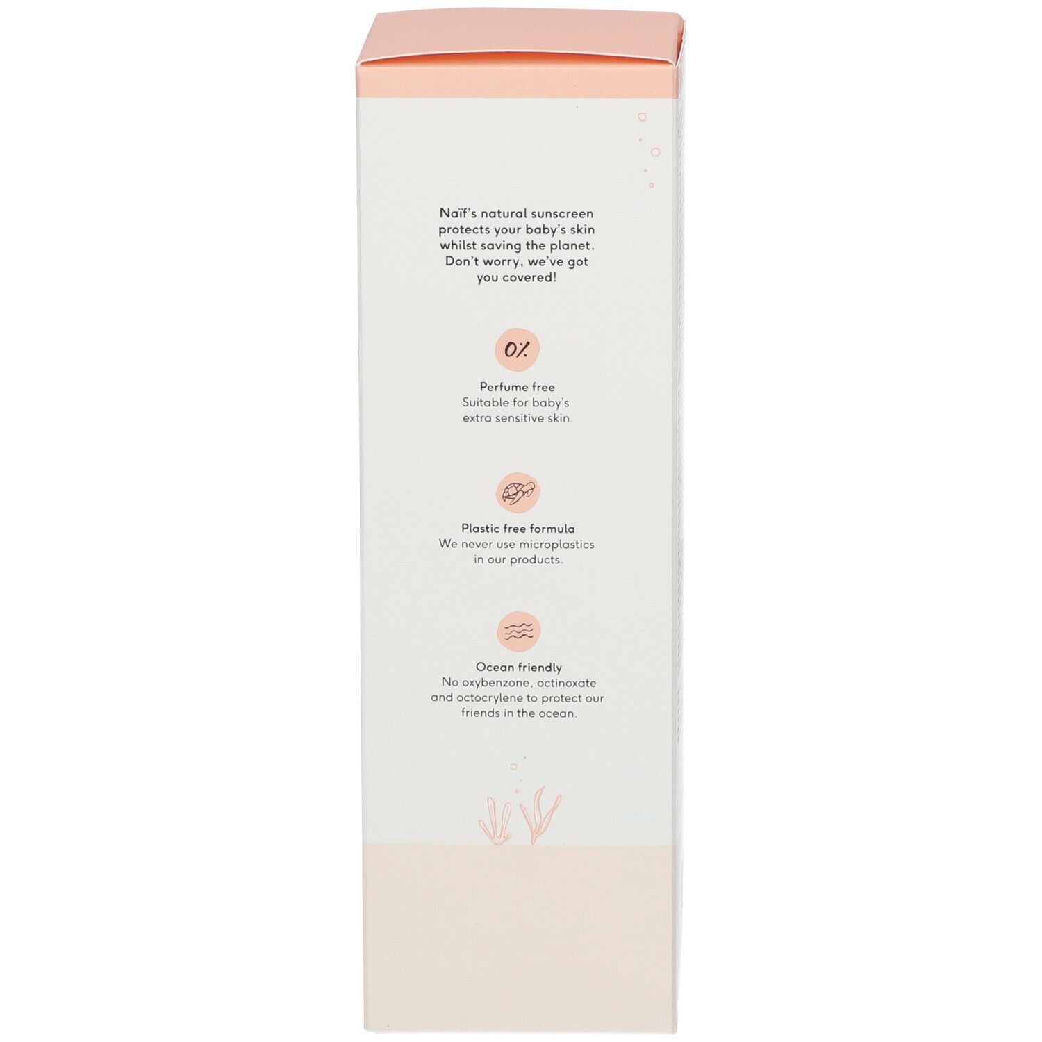 Côté de l'emballage carton. Texte sur protection solaire, 0% parfum, formule sans plastique, respectueux de l'océan.