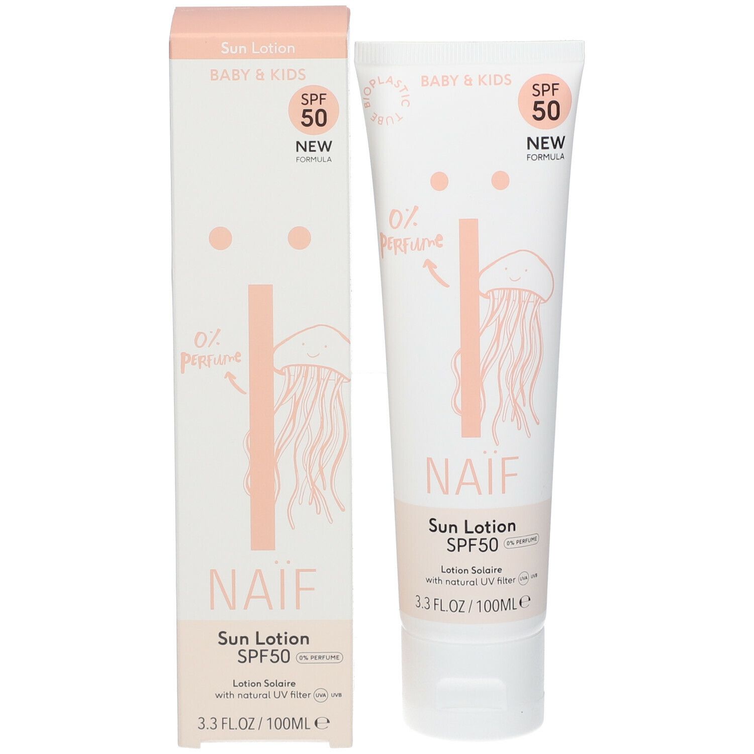 NAIF Lotion solaire sans parfum pour bébé et enfants SPF50