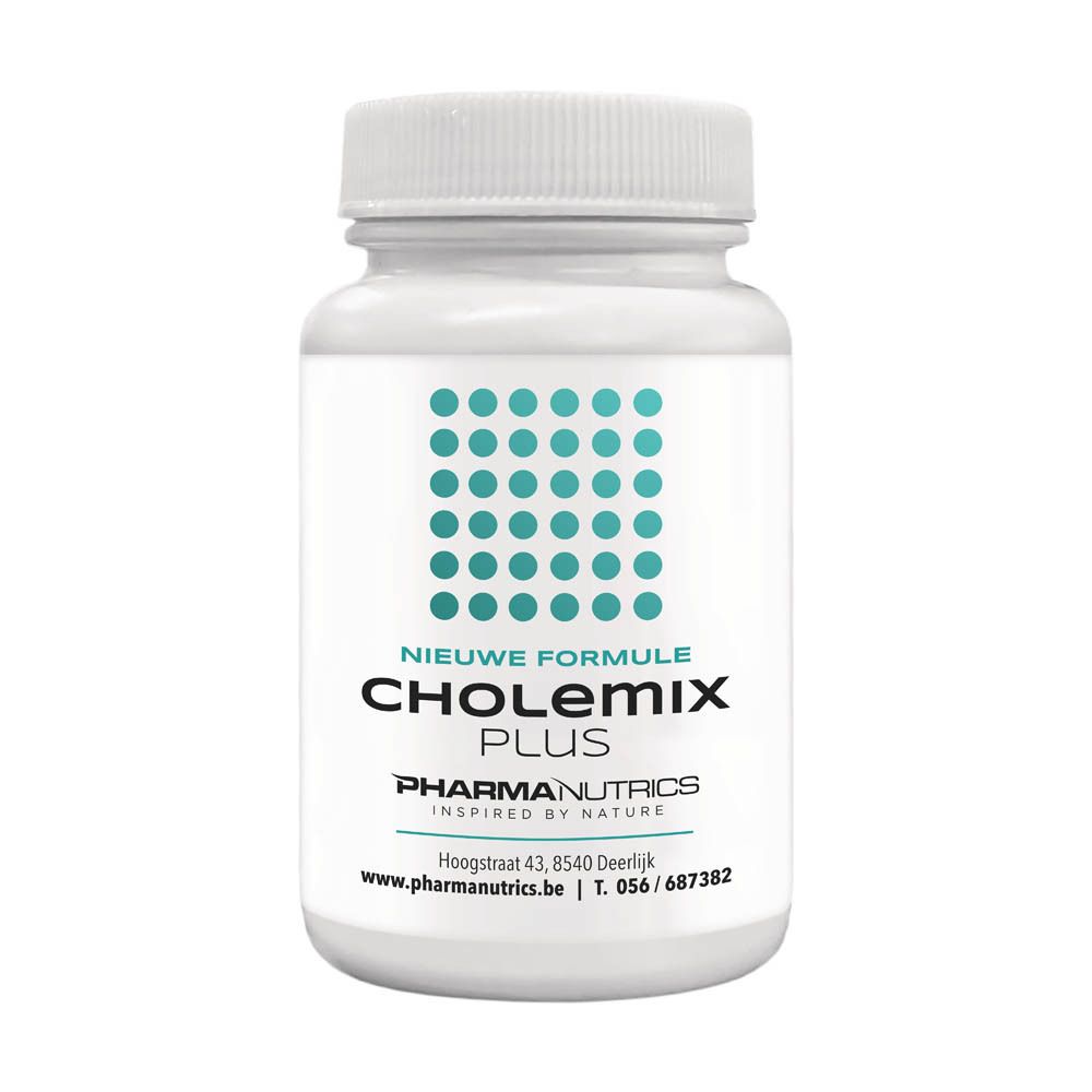 Flacon blanc de gélules. Inscription: Cholemix Plus, 120 V-capsules, PharmaNutrics. Design de points bleus.
