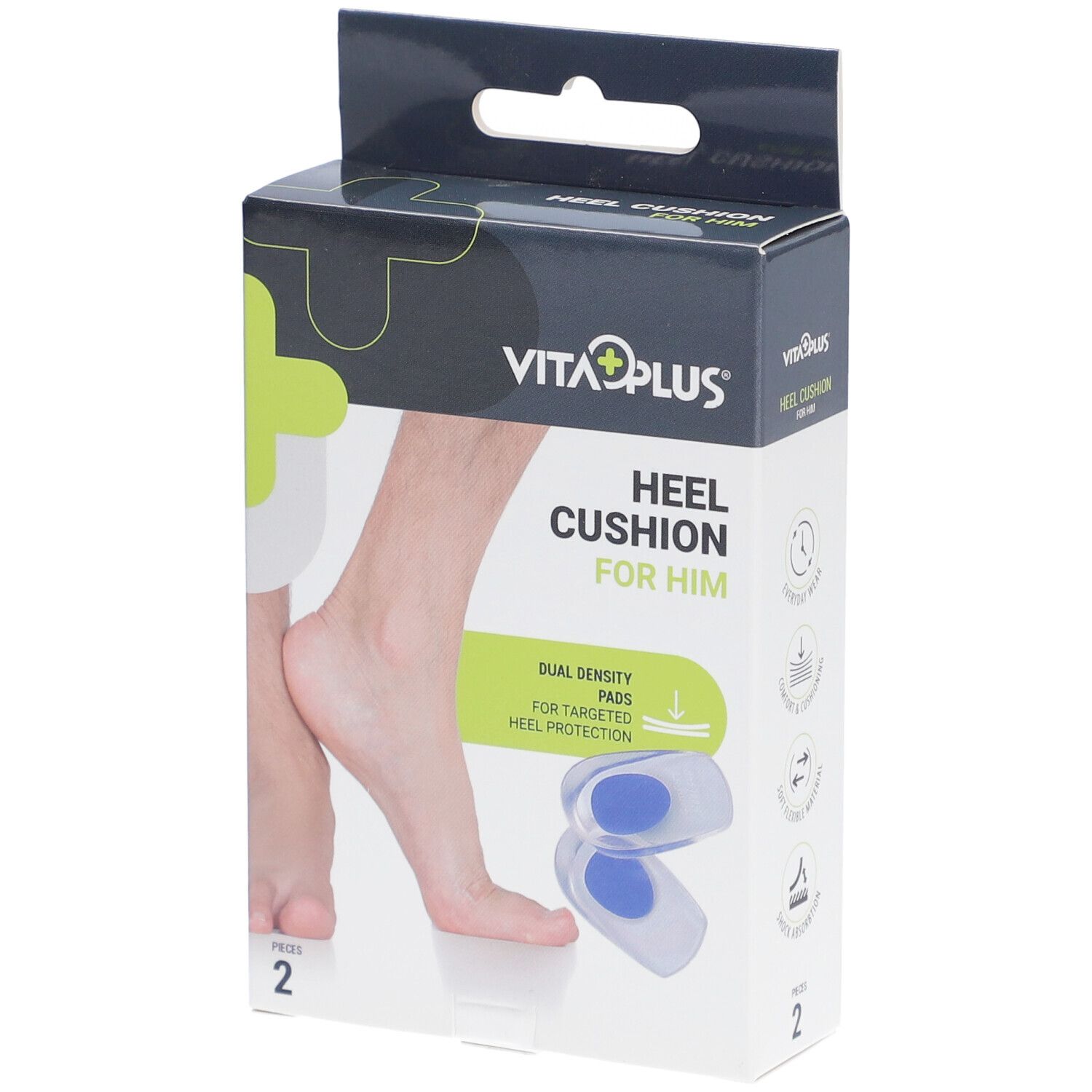Boîte de coussinets de talon Vita Plus pour homme. Contient 2 coussinets. Illustration d'un pied et des coussinets bleus.