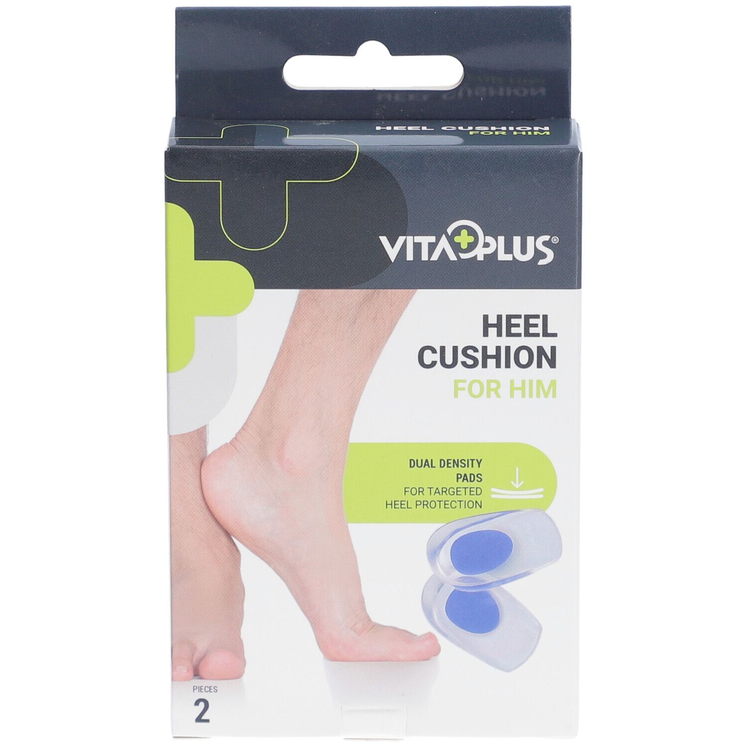 Boîte de coussinets de talon Vita Plus pour homme. Contient 2 coussinets. Illustration d'un pied et des coussinets bleus.