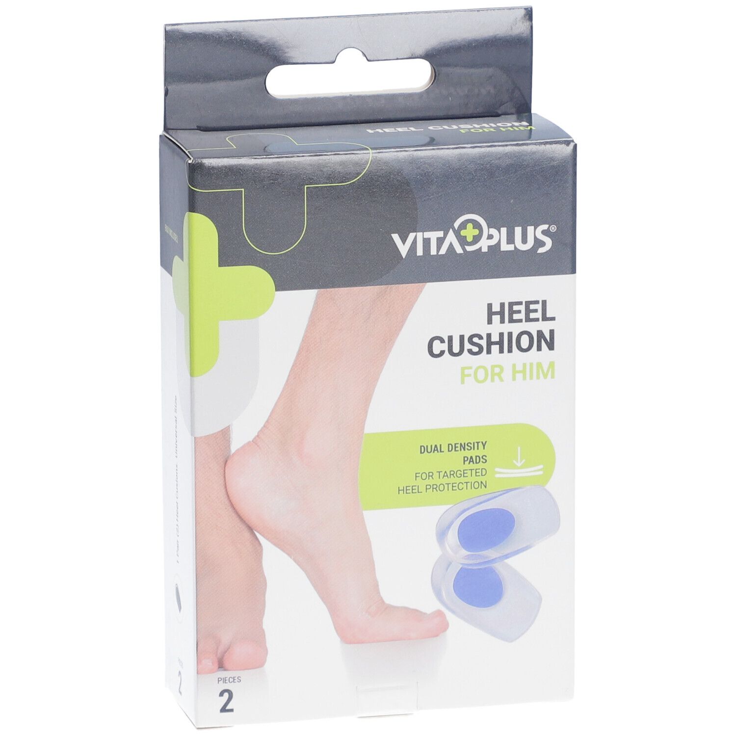Boîte de coussinets de talon Vita Plus pour homme. Contient 2 coussinets. Illustration d'un pied et des coussinets bleus.