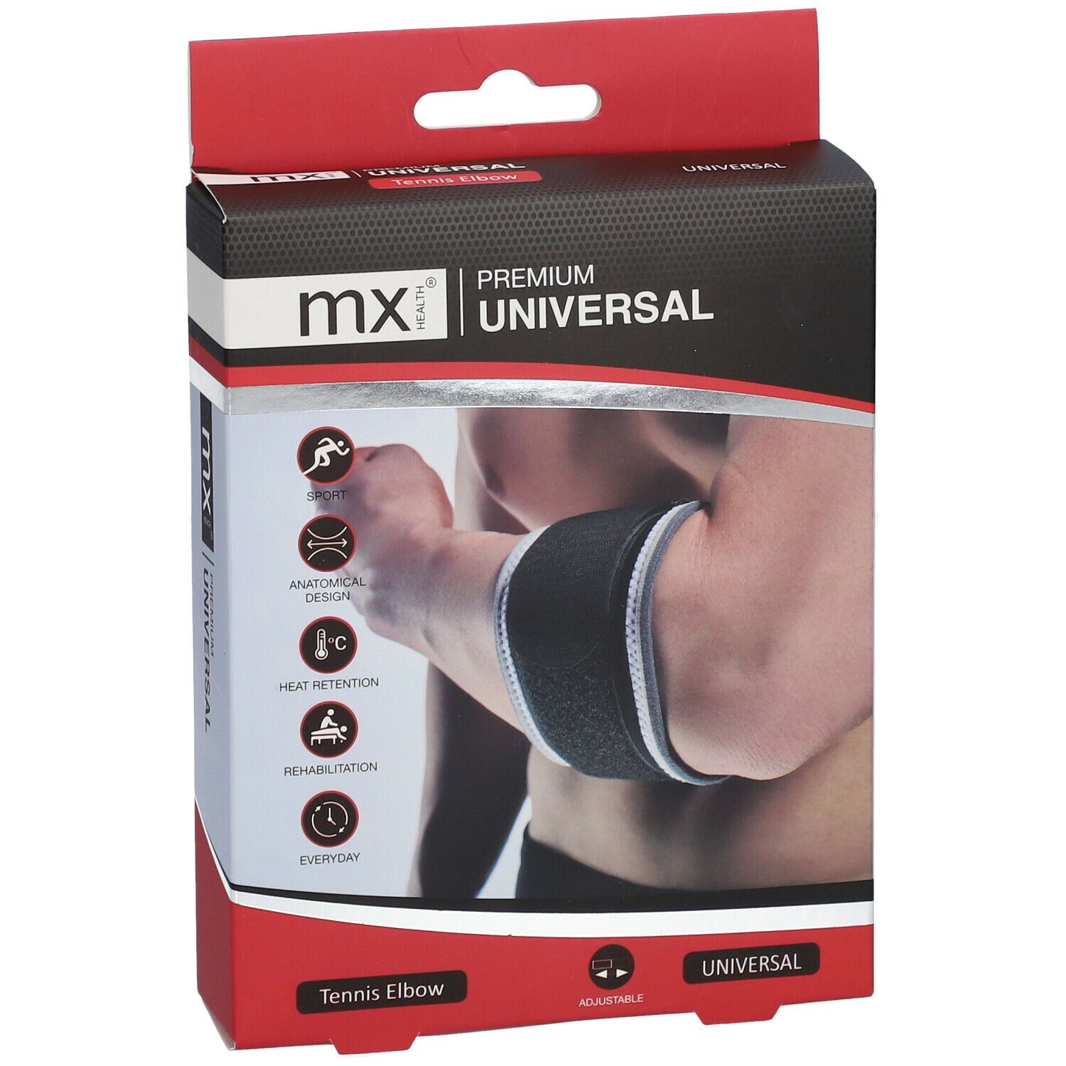 Boîte avec bandage pour le coude. Bandage noir sur le bras, nom du produit et logos visibles.