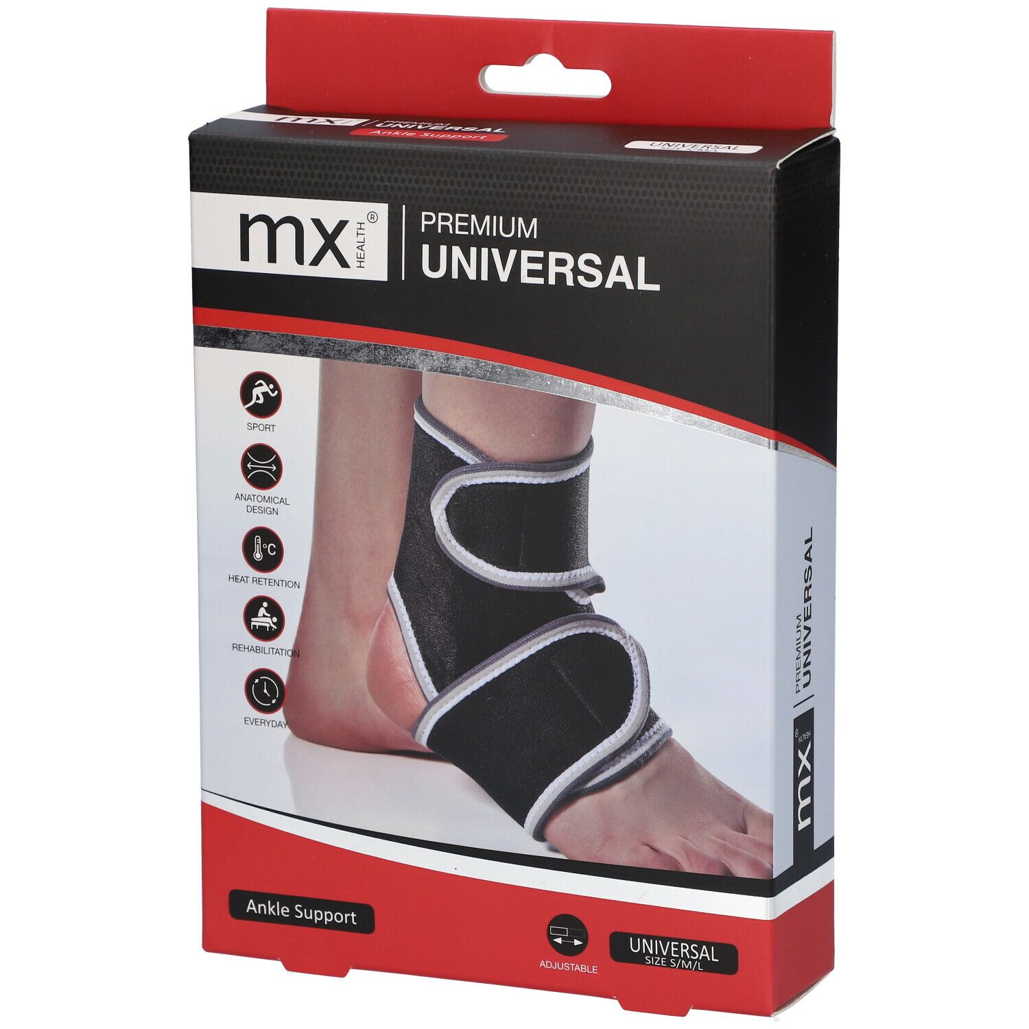 Boîte de chevillère. Marque : mx health. Inscription : PREMIUM UNIVERSAL. Chevillère noire illustrée sur un pied.