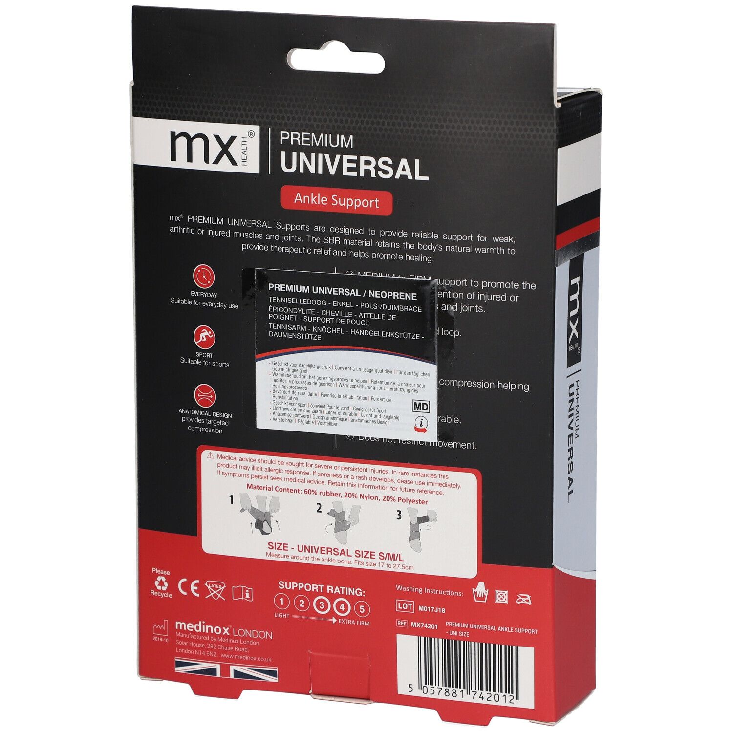 Dos de la boîte. Marque : mx health. Inscription : PREMIUM UNIVERSAL. Informations produit et tailles.