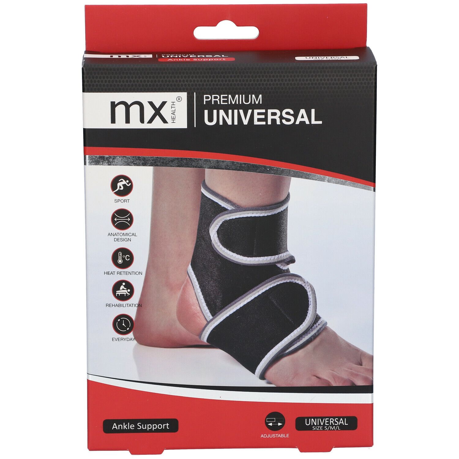 Boîte de chevillère. Marque : mx health. Inscription : PREMIUM UNIVERSAL. Chevillère noire illustrée sur un pied.