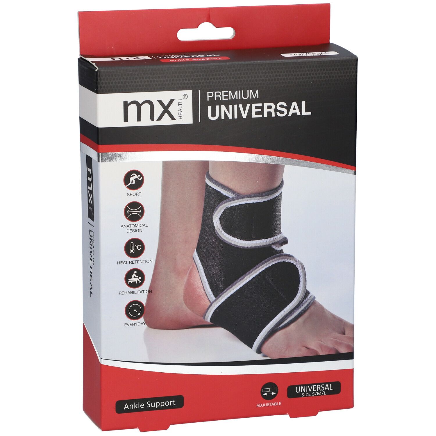 Boîte de chevillère. Marque : mx health. Inscription : PREMIUM UNIVERSAL. Chevillère noire illustrée sur un pied.