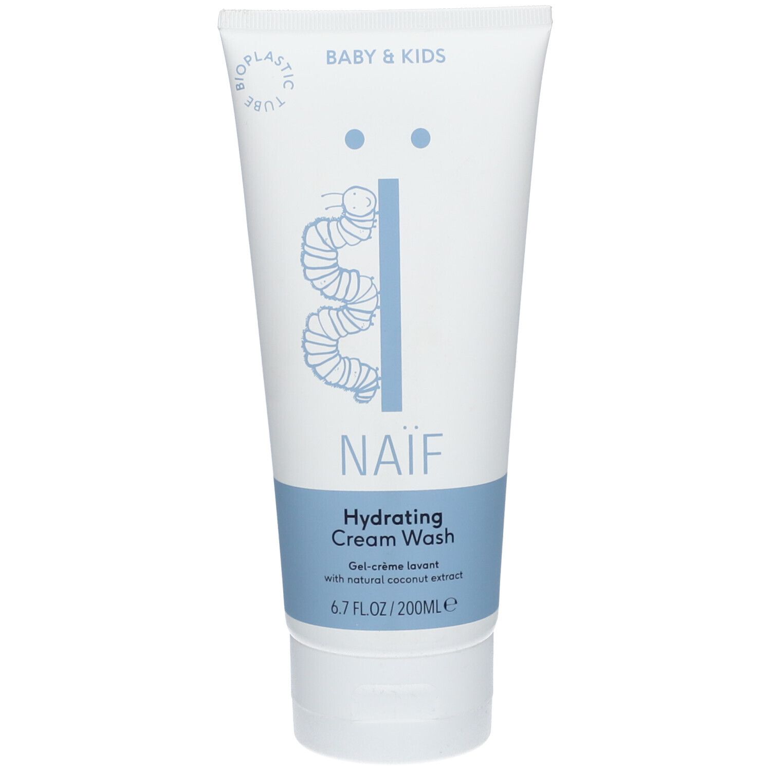 Tube blanche avec bande bleue. Inscription: NAÏF, Hydrating Cream Wash. Contient 200ml. Pour bébés et enfants.