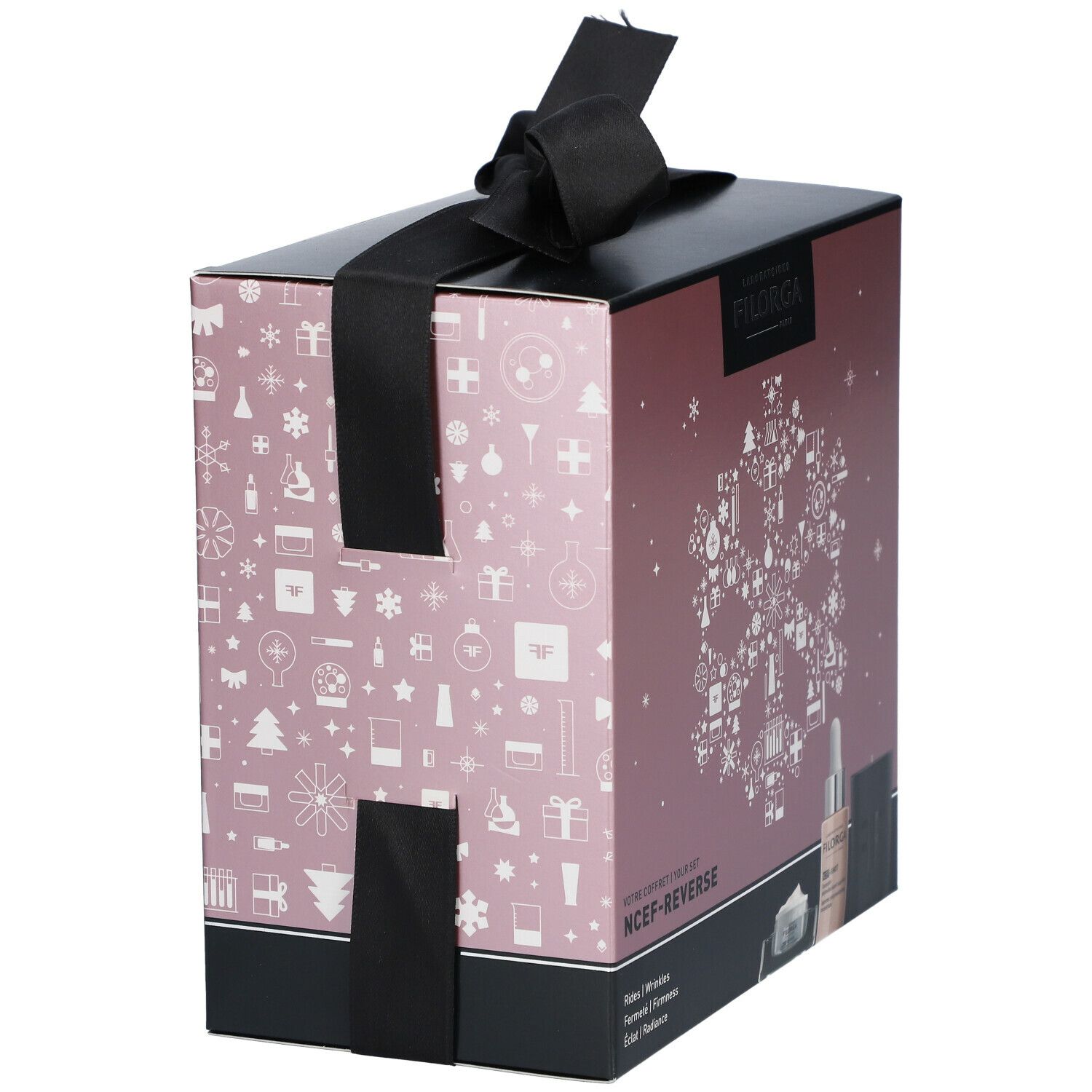 Coffret cadeau Filorga NCEF-Reverse avec ruban noir. Inscription et motif. Couleurs rose et noir.
