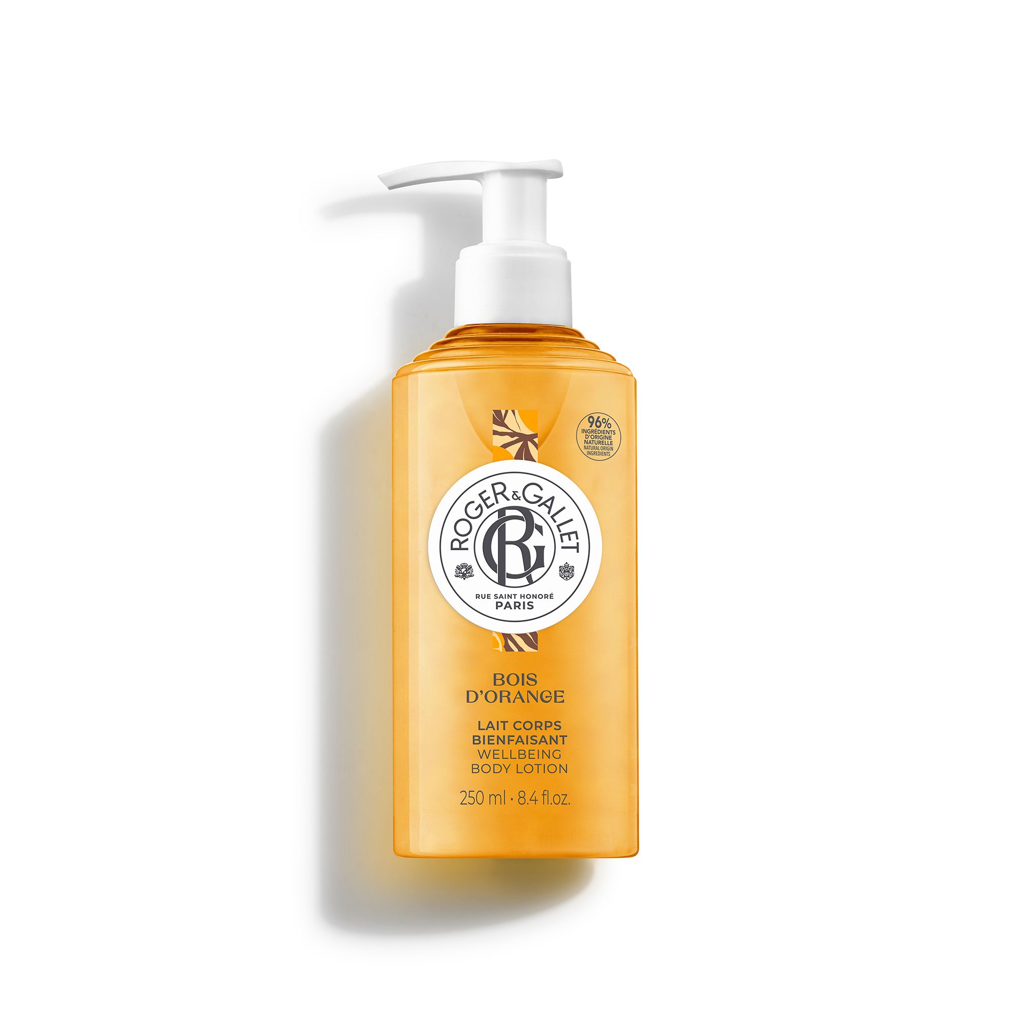 Flacon jaune avec pompe, Roger & Gallet Lait Corps Bois d'Orange, 250 ml.