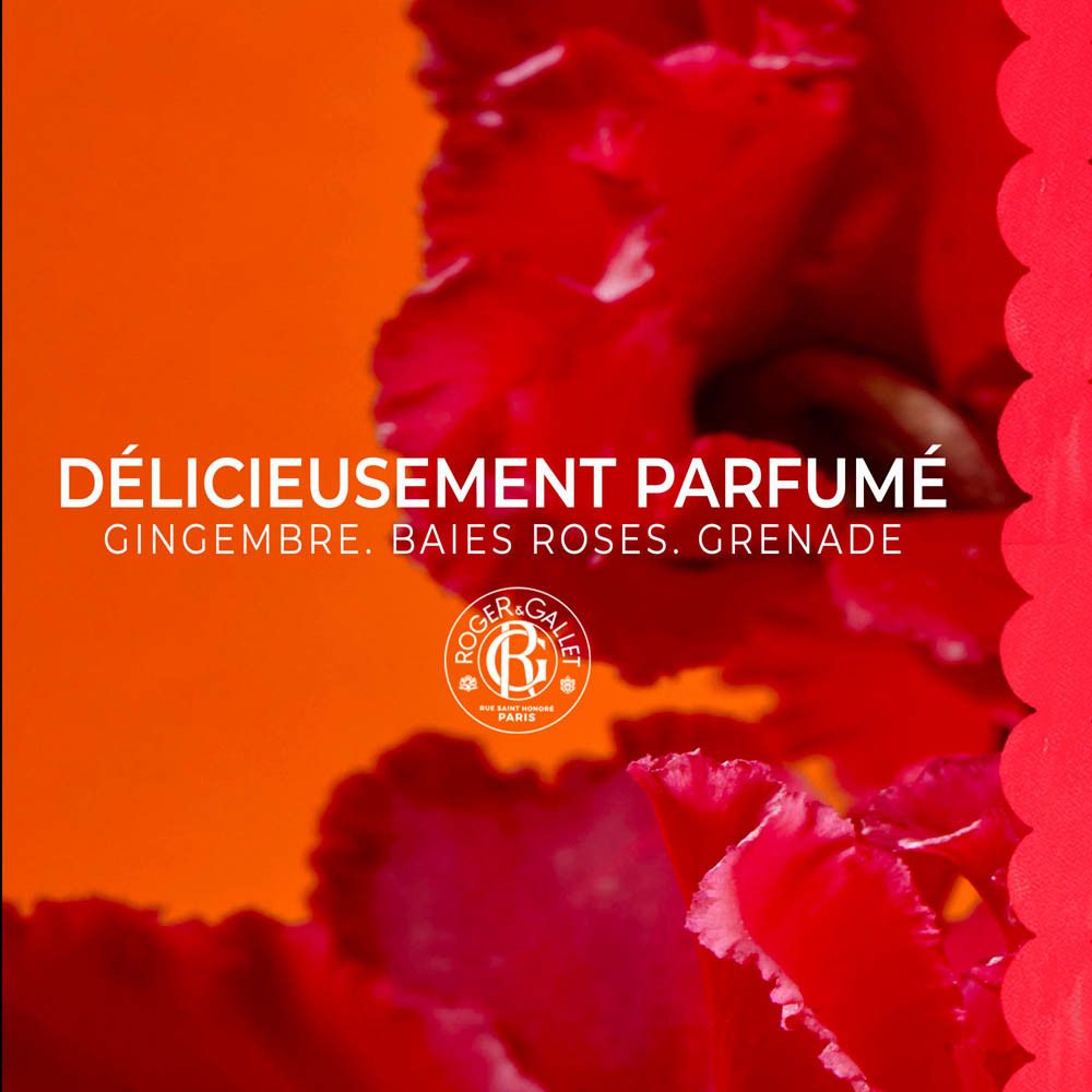 Texte: Délicieusement Parfumé, Gingembre, Baies Roses, Grenade. Logo Roger & Gallet.