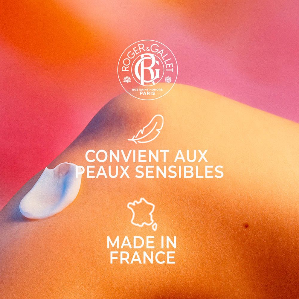 Crème sur la peau. Inscription: Convient aux peaux sensibles, Made in France.