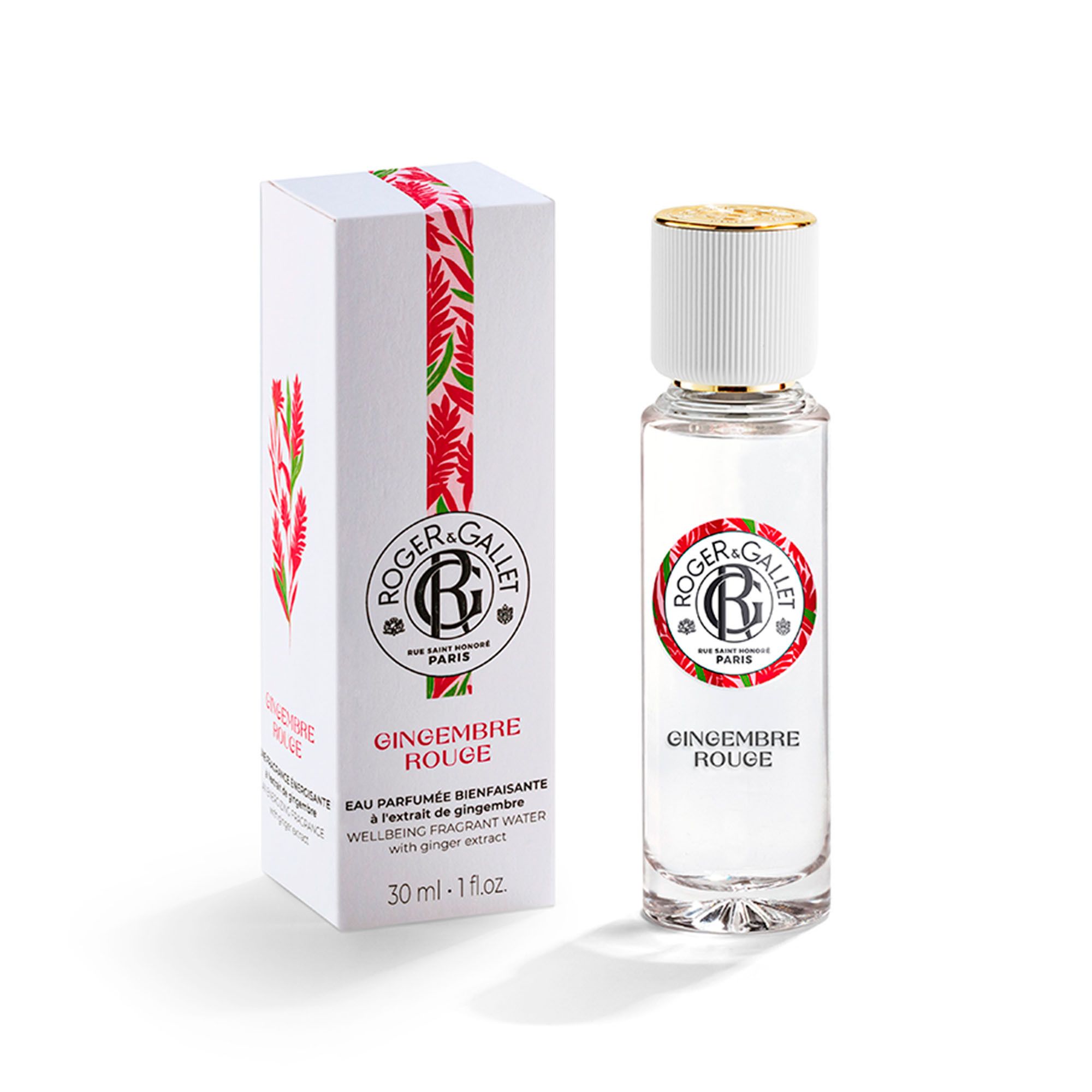 Emballage et flacon. Roger & Gallet GINGEMBRE ROUGE. Flacon avec capuchon blanc et anneau doré.