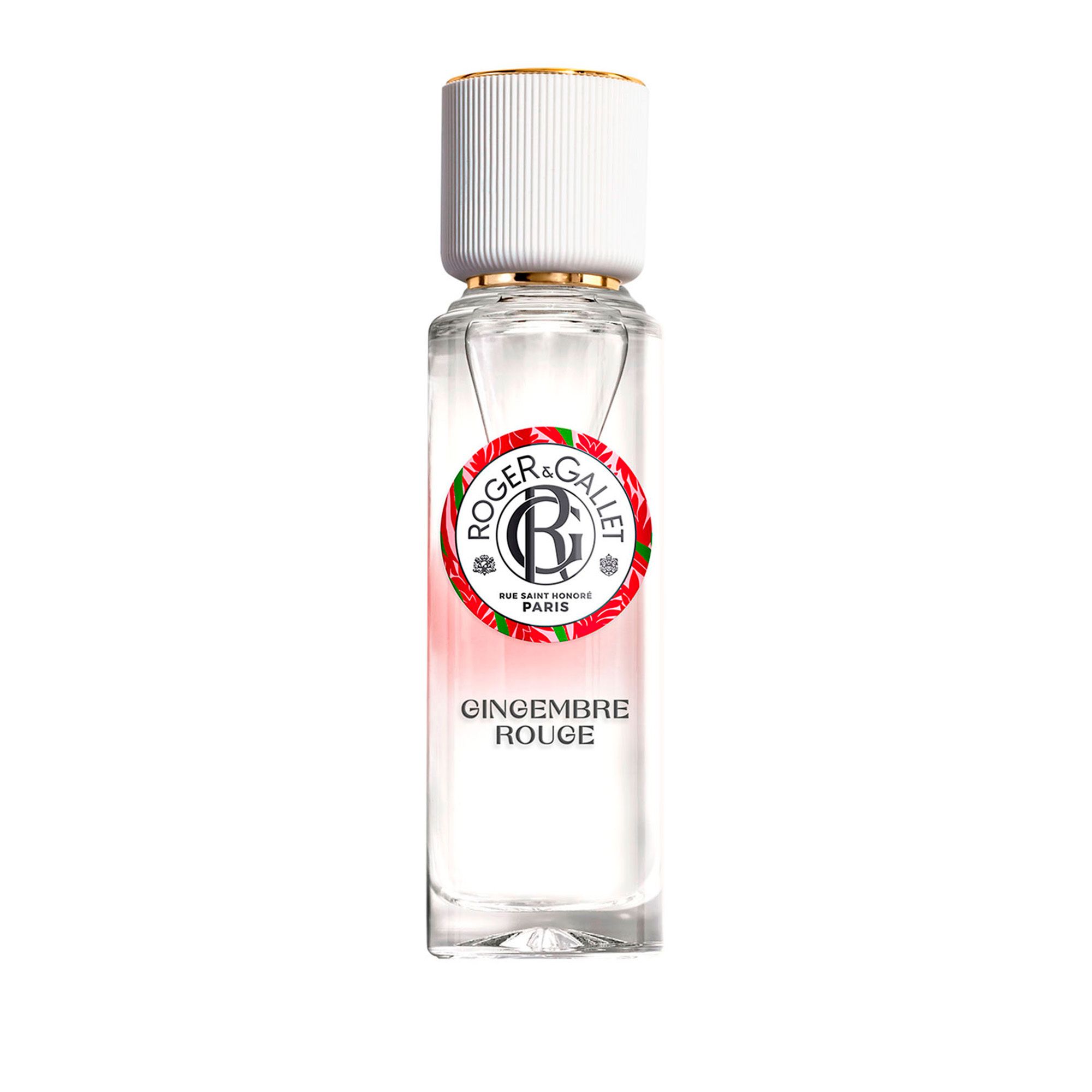 Flacon. Roger & Gallet GINGEMBRE ROUGE. Bouchon blanc, anneau doré. Cercle rouge avec logo.
