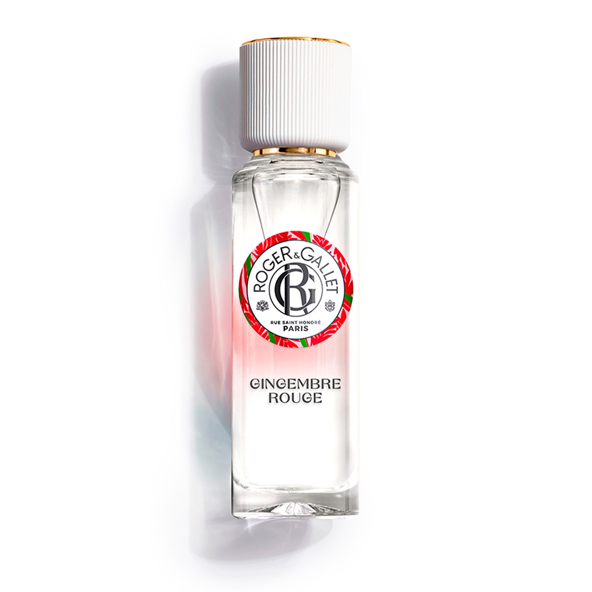 Flacon. Roger & Gallet GINGEMBRE ROUGE. Bouchon blanc, anneau doré. Cercle rouge avec logo.
