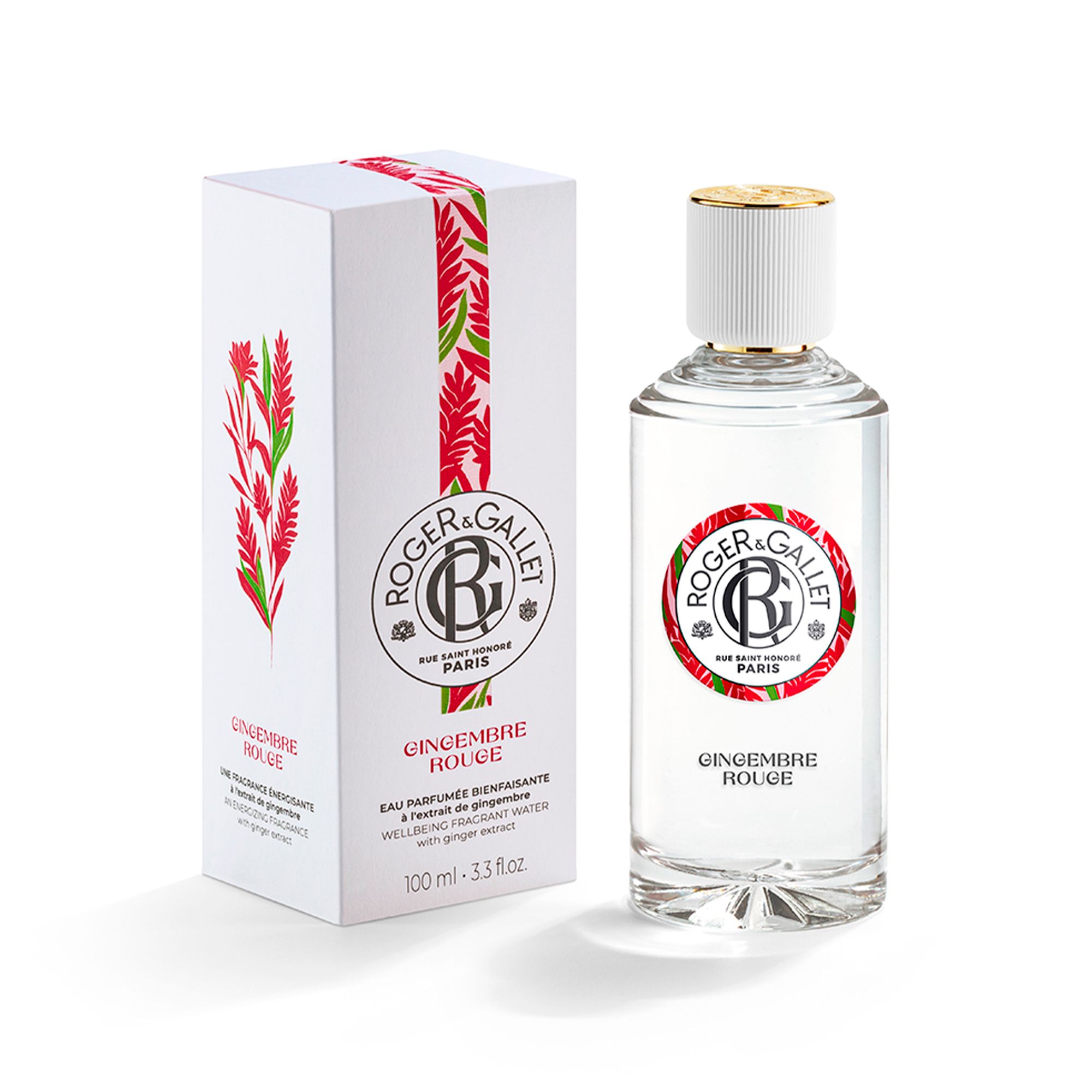 Boîte blanche et flacon. Flacon avec bouchon blanc et anneau doré. Texte: Roger & Gallet, Gingembre Rouge, Eau Parfumée.