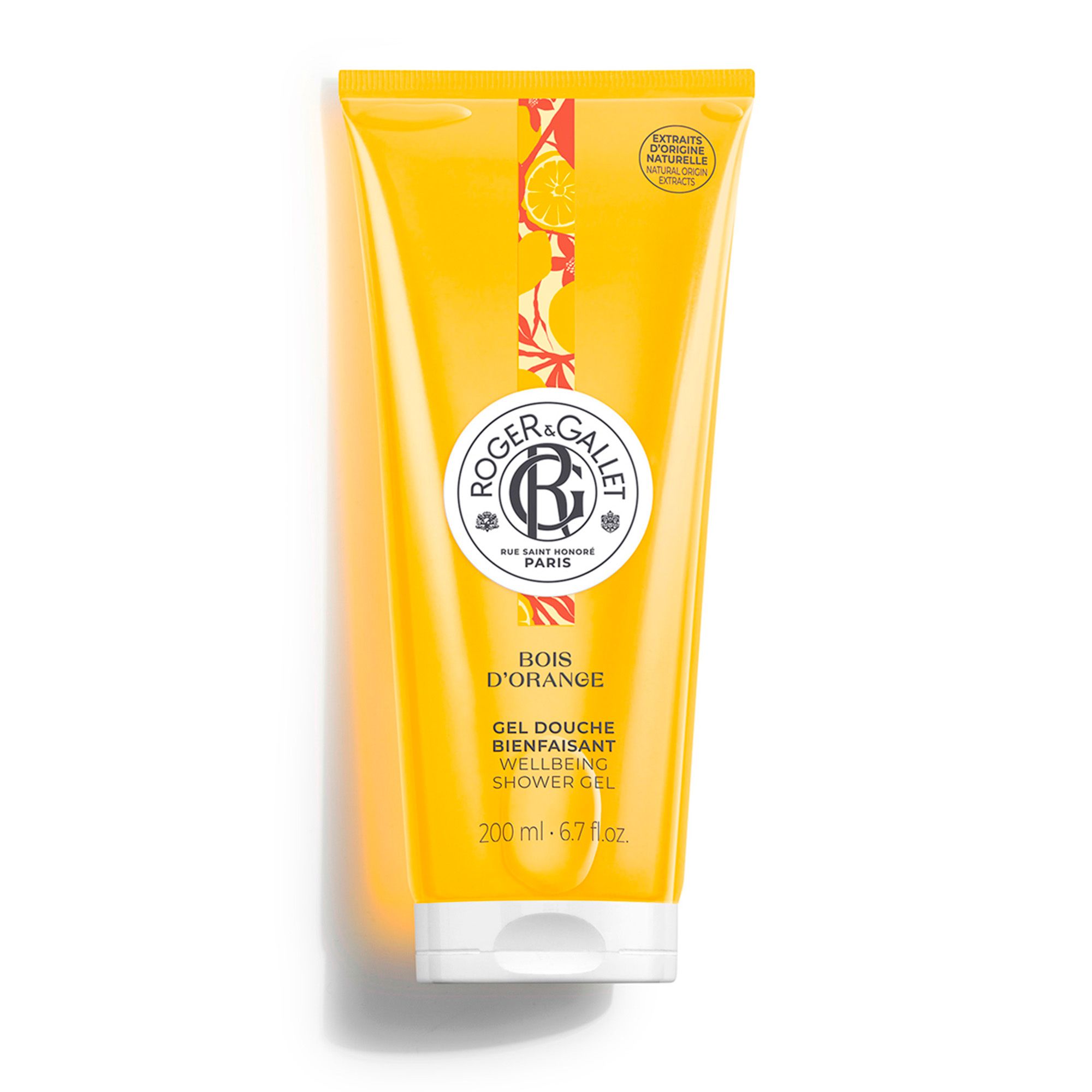 Tube jaune avec bouchon blanc. Inscription: Roger & Gallet, Bois d'Orange, Gel Douche Bienfaisant, Wellbeing Shower Gel.