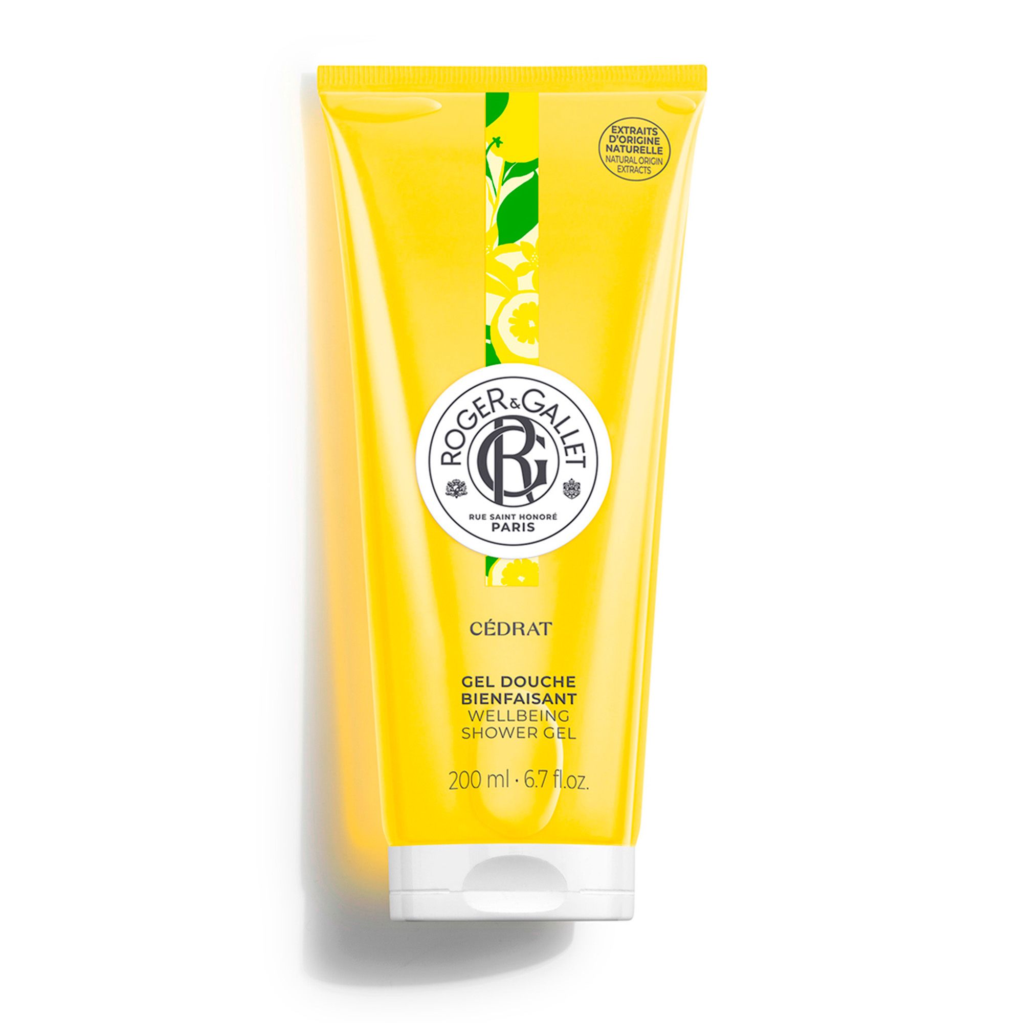 Tube jaune de gel douche. Inscription Cédrat, Gel Douche Bienfaisant, Wellbeing Shower Gel. Contenance 200 ml.