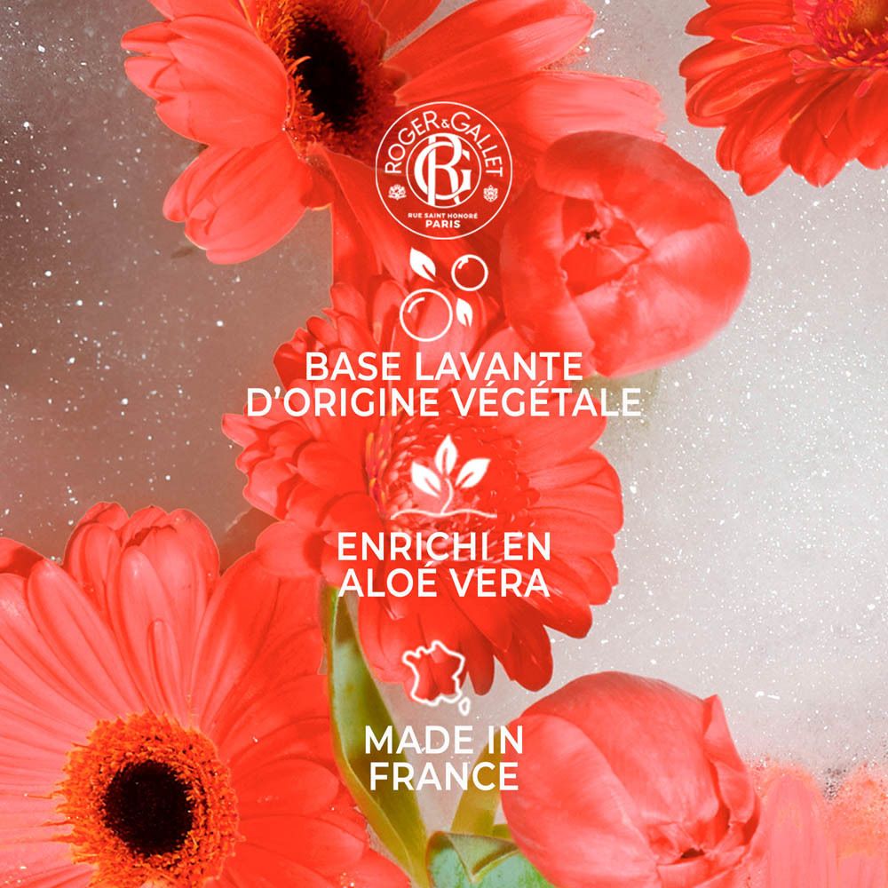 Composition florale avec texte: BASE LAVANTE D'ORIGINE VÉGÉTALE, ENRICHIE EN ALOE VERA, MADE IN FRANCE, Roger & Gallet.