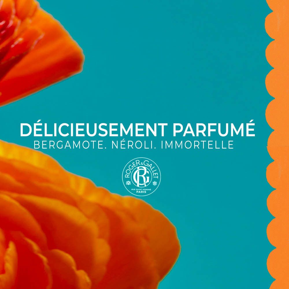 Gros plan sur des fleurs oranges et texte: Délicieusement Parfumé. Logo Roger & Gallet.