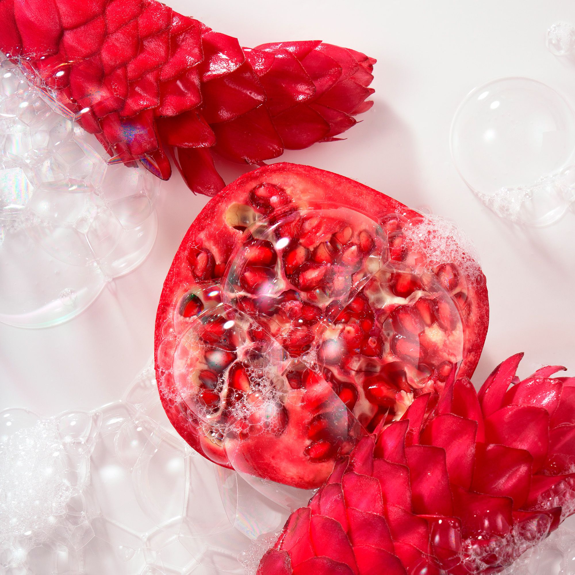 Demi-grenade avec bulles et fleurs rouges sur fond blanc.