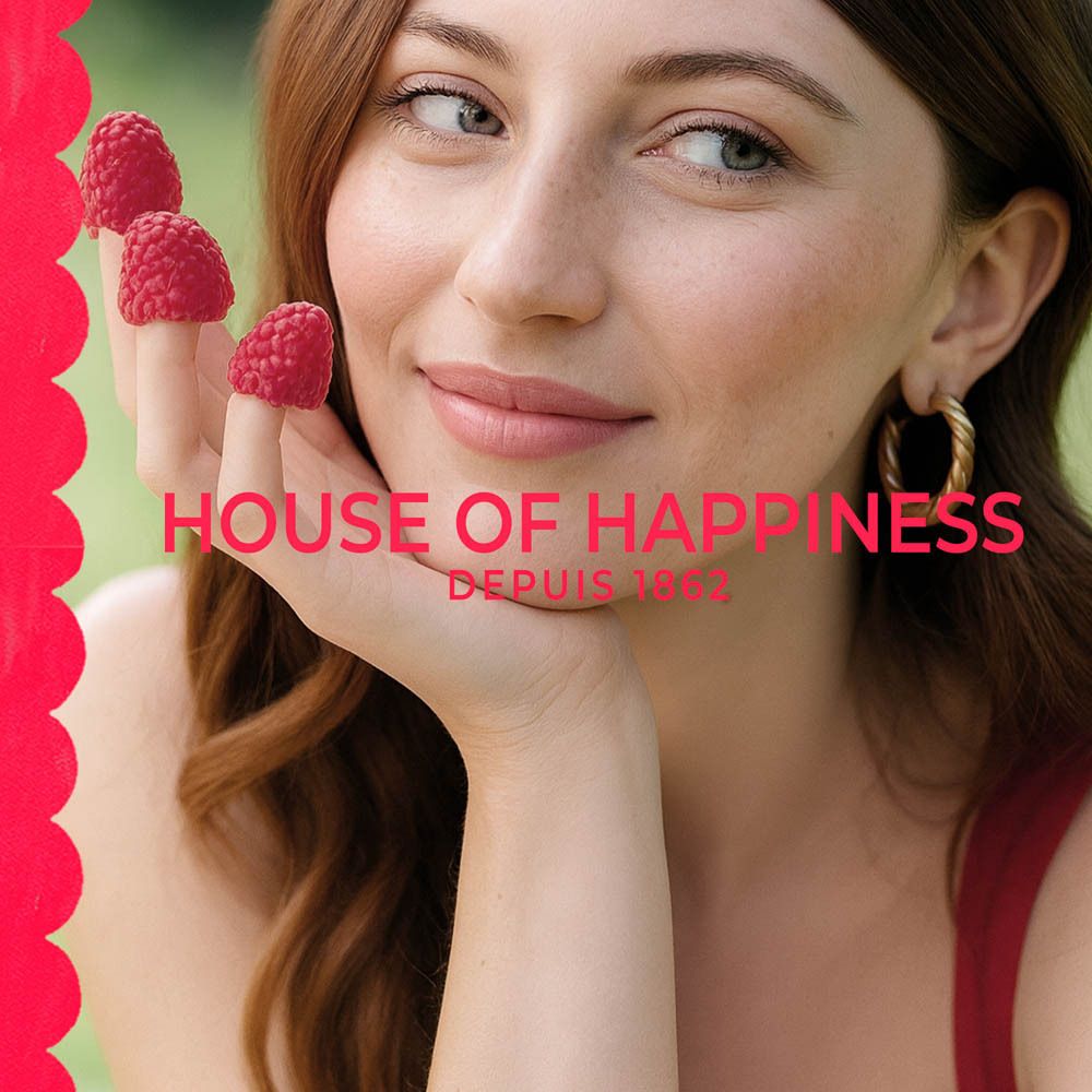 Femme avec des framboises sur les doigts. Texte : House of Happiness. Depuis 1862.