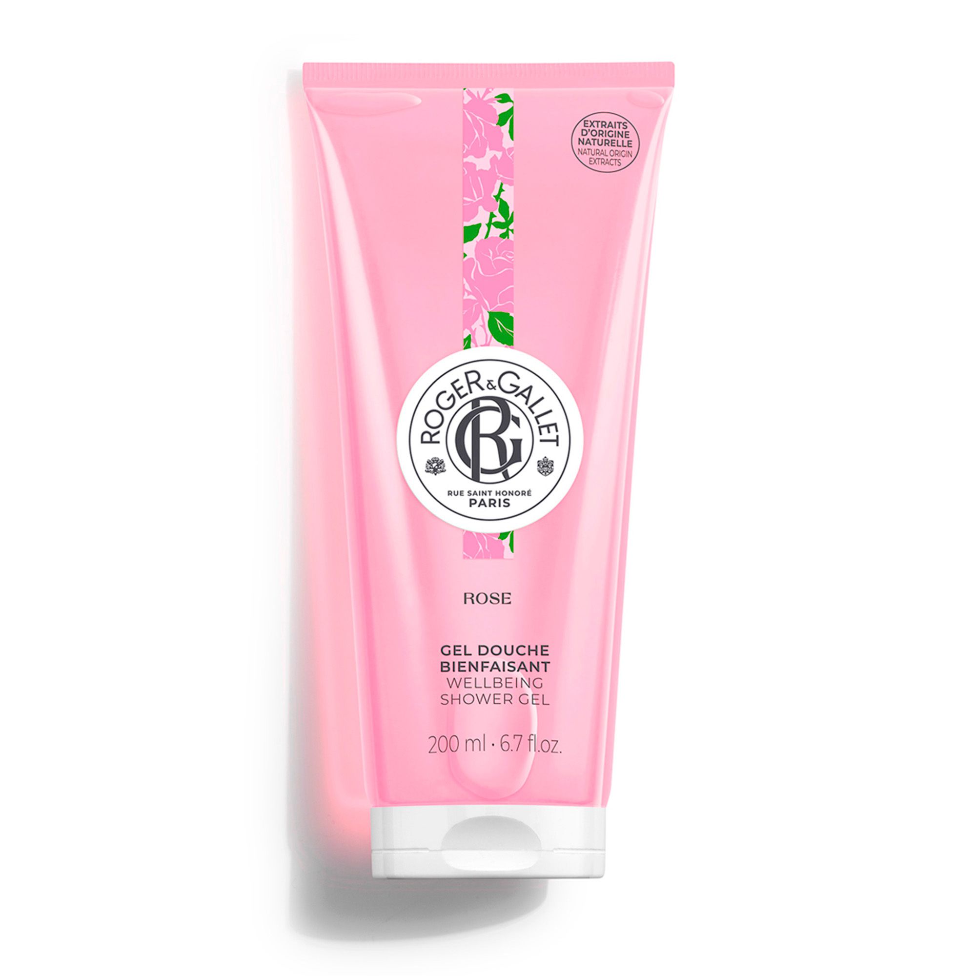 Gel douche rose en tube transparent. Logo et texte Roger & Gallet. Inscription ROSE, Gel Douche Bienfaisant. 200 ml.