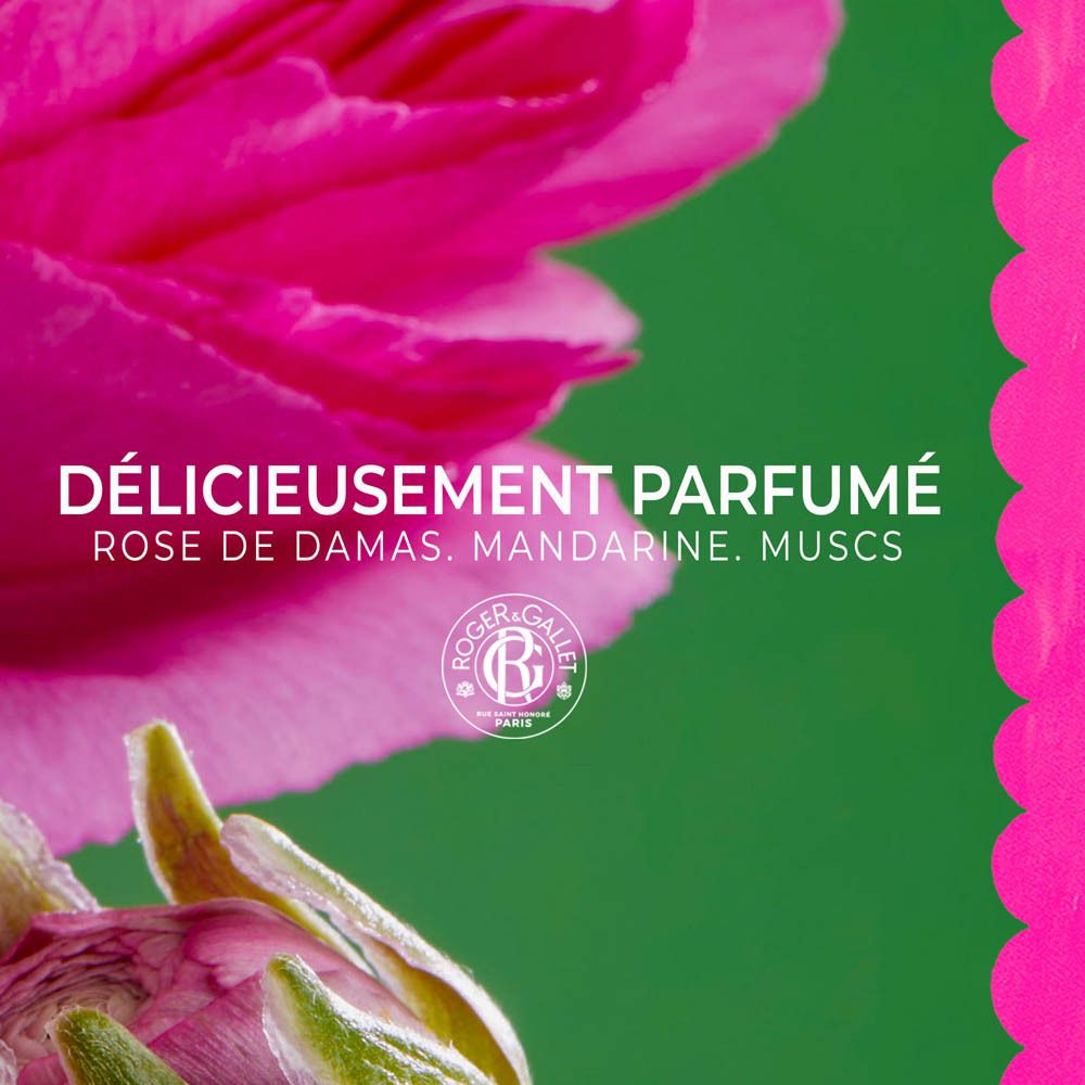Texte: Délicieusement Parfumé. Rose de Damas, Mandarine, Muscs. Logo Roger & Gallet. Fleurs roses.