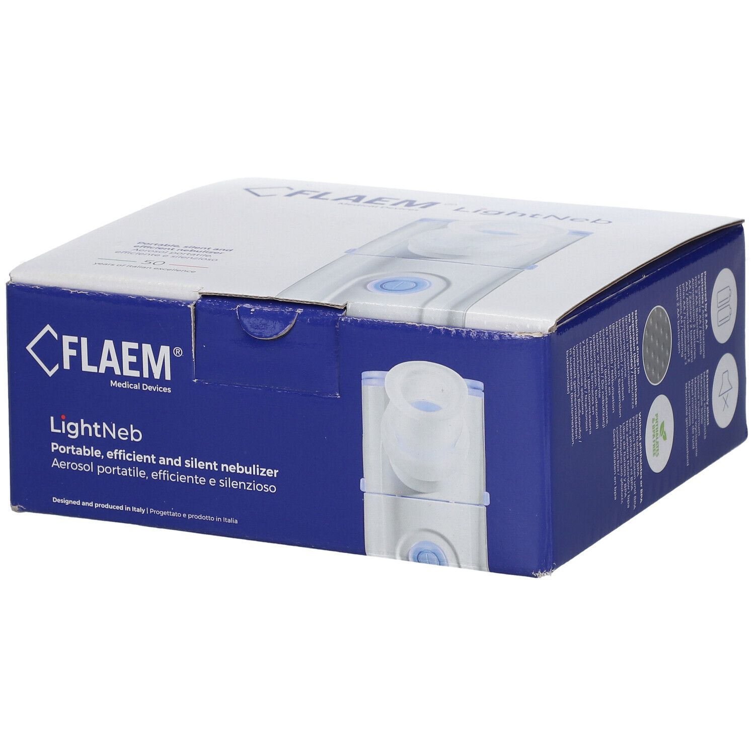 Boîte bleue avec image du produit et texte. Inscription : FLAEM LightNeb, nébuliseur portable. Fabriqué en Italie.