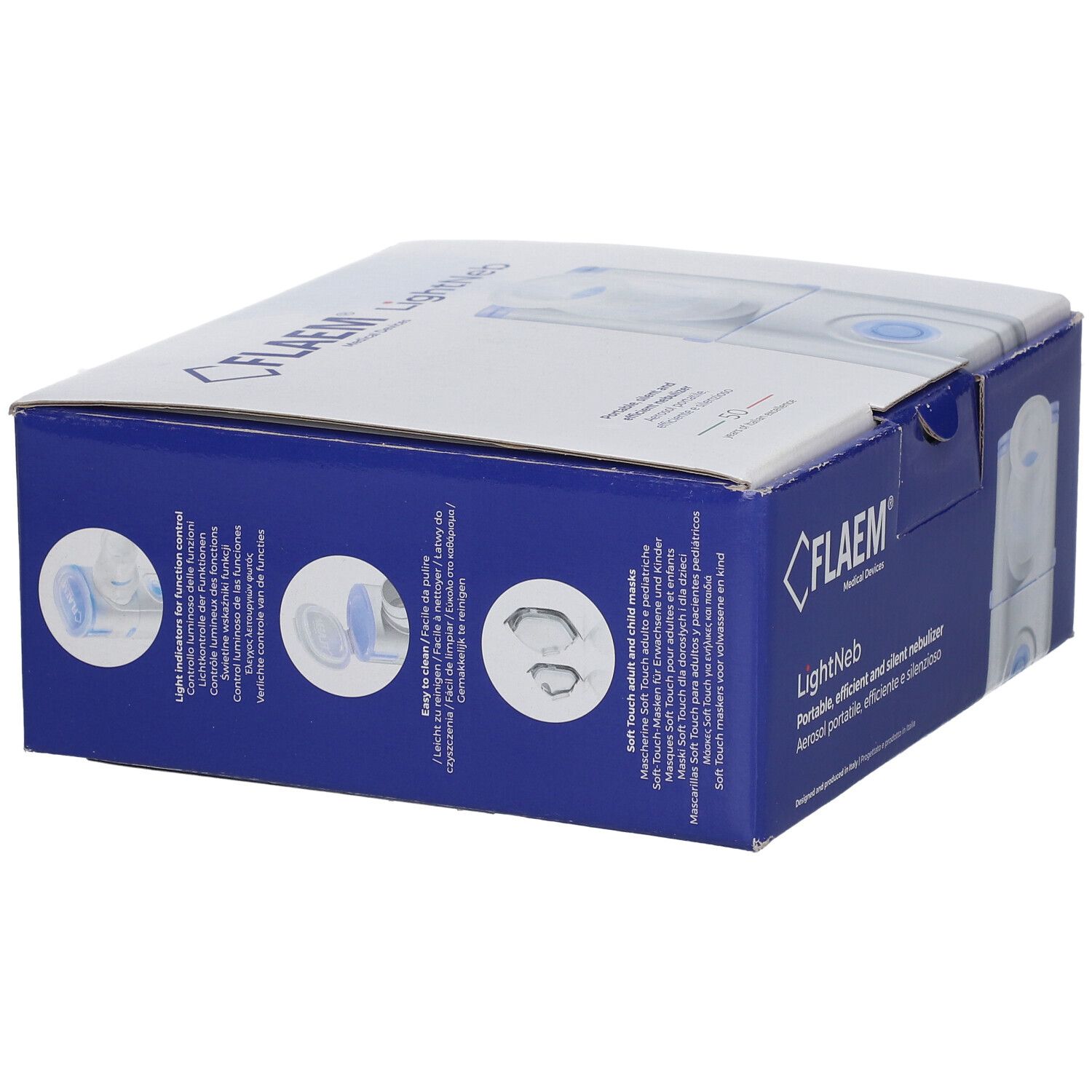 Boîte bleue avec images du produit et texte. Inscription : FLAEM LightNeb. Contient des informations sur les fonctions et les accessoires.