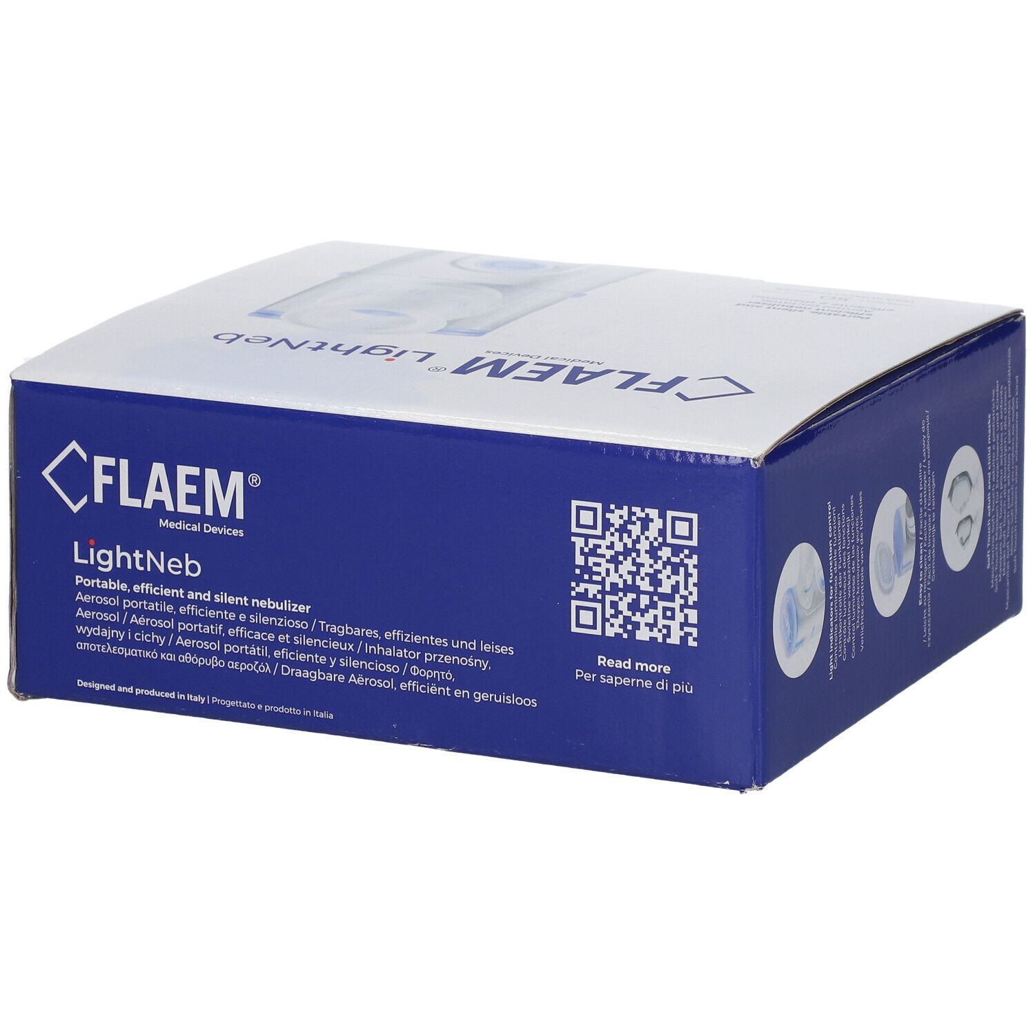 Boîte bleue avec image du produit et texte. Inscription : FLAEM LightNeb, nébuliseur portable. Avec code QR et texte multilingue.