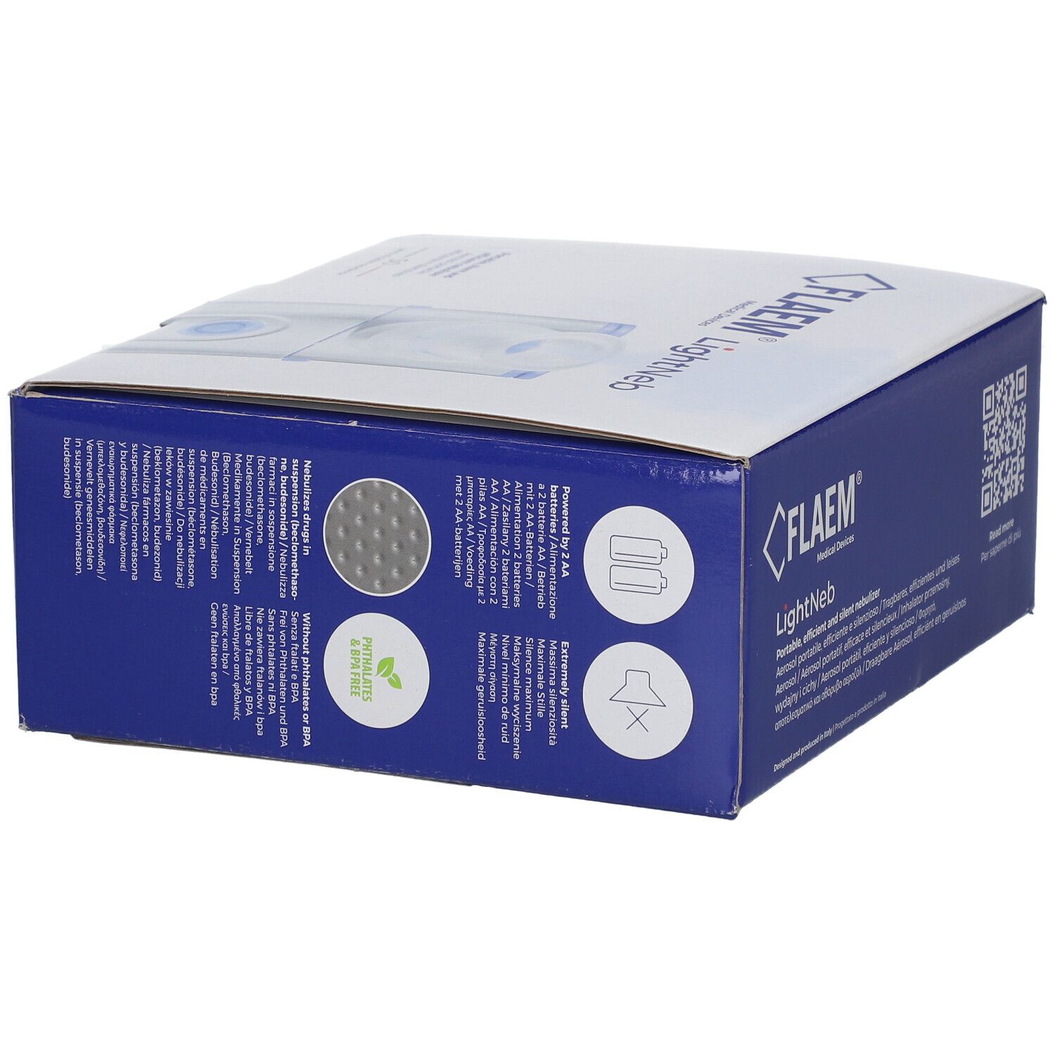 Boîte bleue avec image du produit et texte. Inscription : FLAEM LightNeb. Contient des informations sur les fonctions et les accessoires.