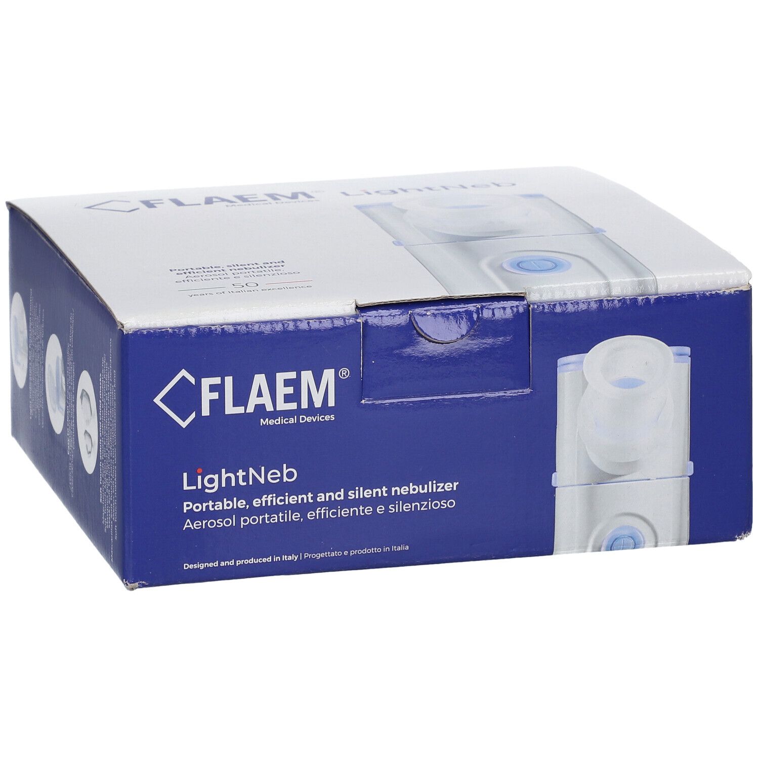 Boîte bleue avec image du produit et texte. Inscription : FLAEM LightNeb, nébuliseur portable. Fabriqué en Italie.
