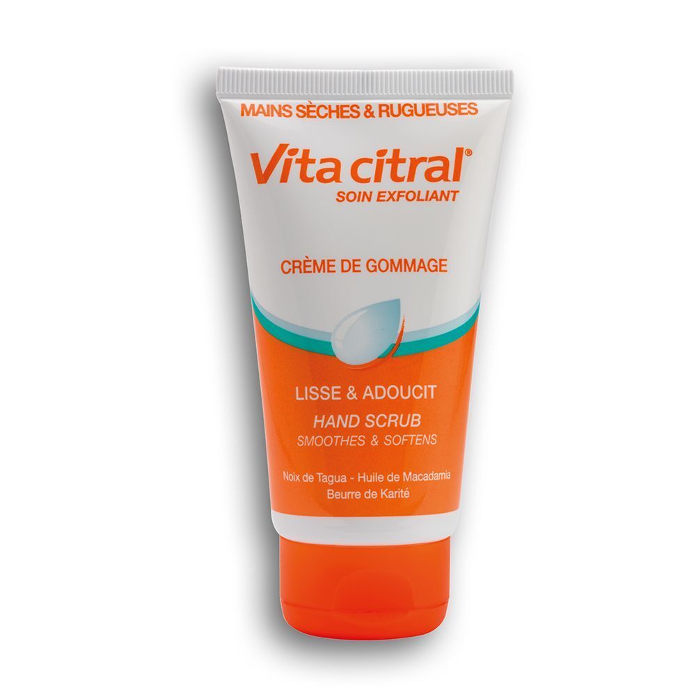 Tube de crème exfoliante Vita Citral®. Blanc, orange et turquoise. Inscriptions : "MAINS SÈCHES & RUGUEUSES". "SOIN EXFOLIANT". "CRÈME DE GOMMAGE".