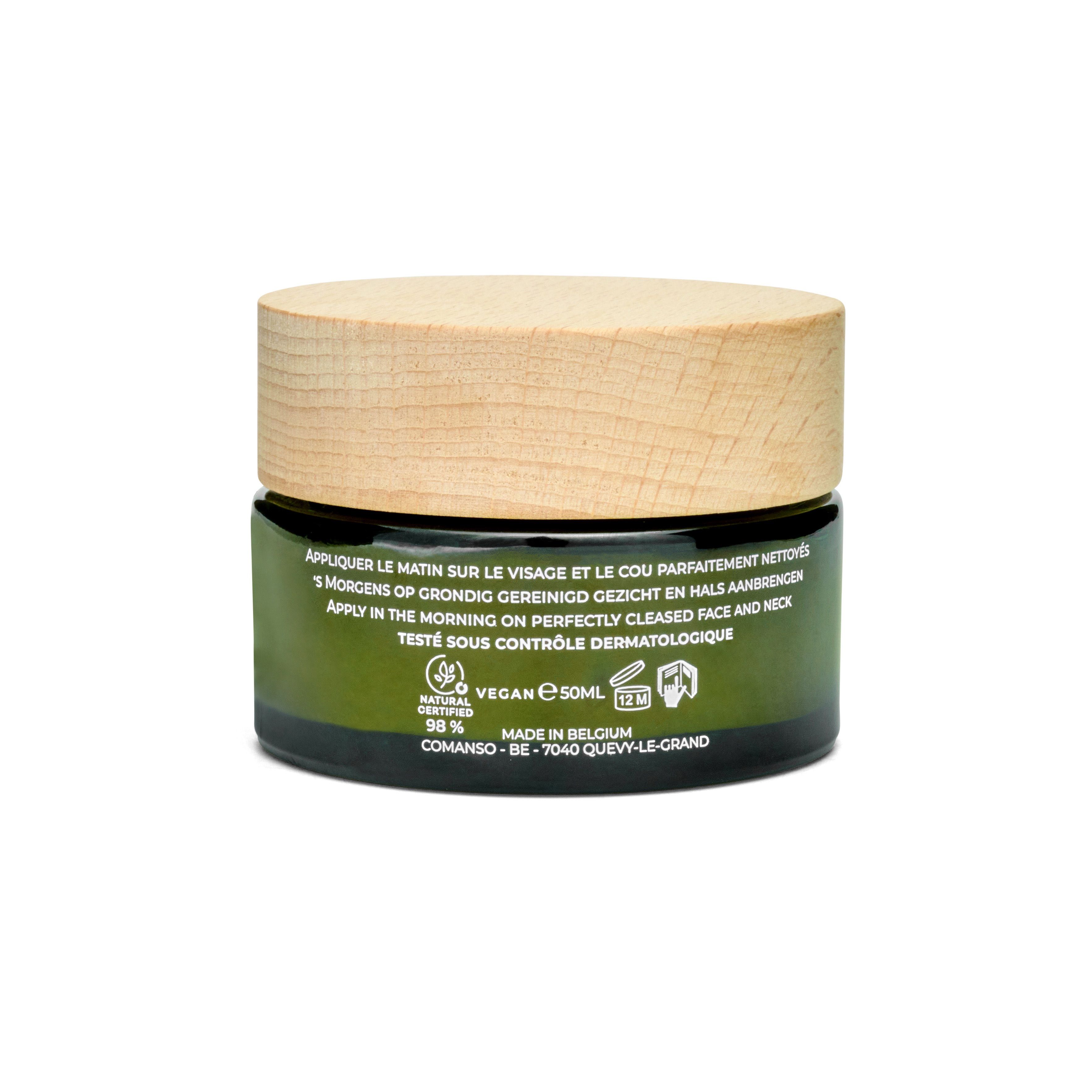 Dos du pot de crème. Texte : application, ingrédients, Vegan, 97% naturel, Fabriqué en Belgique.